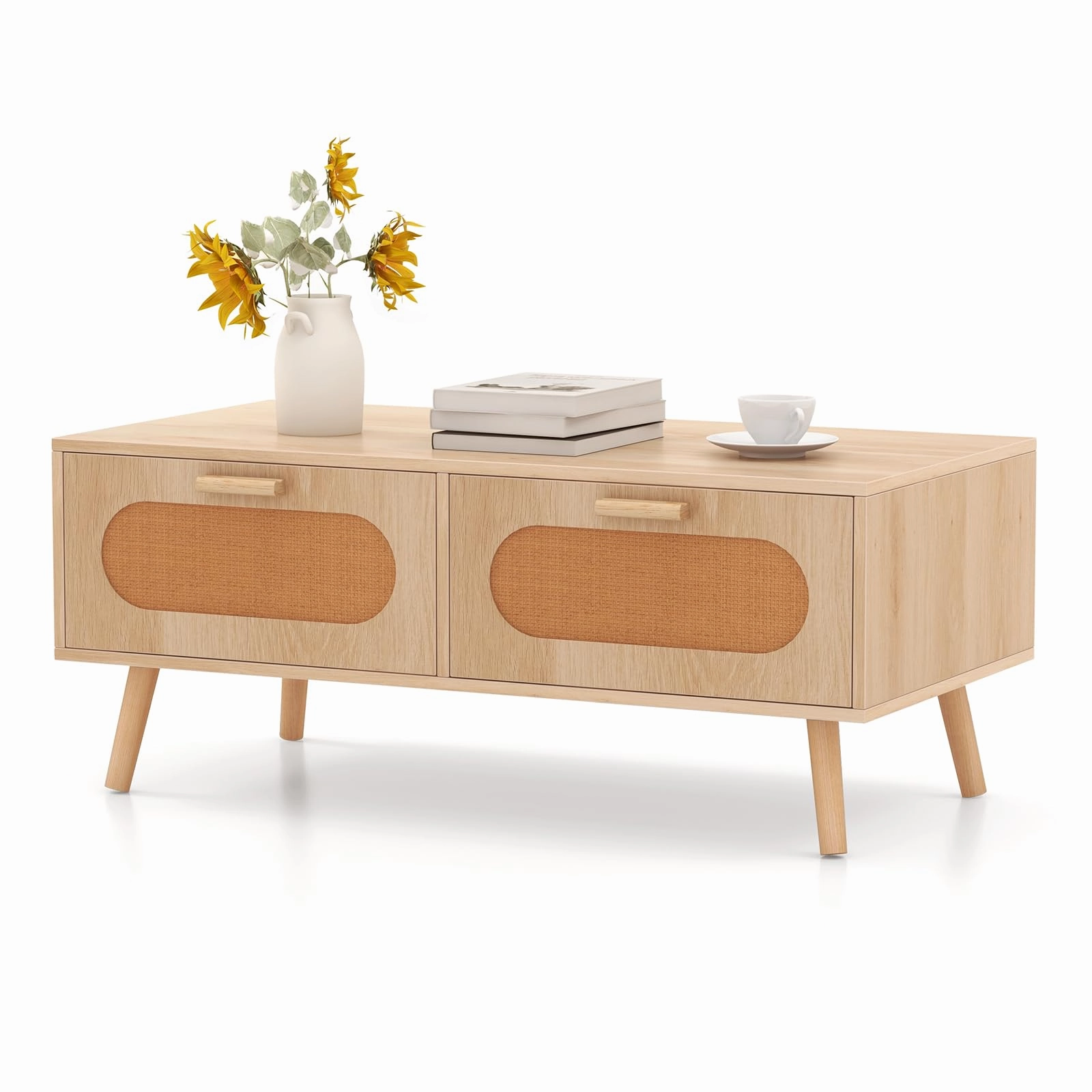 Giantex Rattan Coffee Table, Mid Century Modern Center Table with 2 Storage Drawers & Back Compartment console table, hallway table