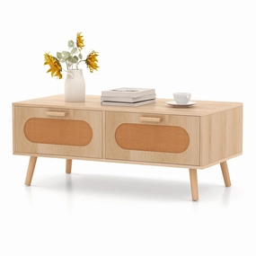 Giantex Rattan Coffee Table, Mid Century Modern Center Table with 2 Storage Drawers & Back Compartment console table, hallway table