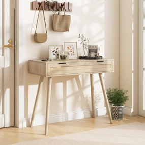 Giantex Rattan Console Table with Drawer, Boho Style Entryway Table, Farmhouse Wooden Sofa Side Table with Storage, Accent Vanity Table cowhide rug, animal hide rug