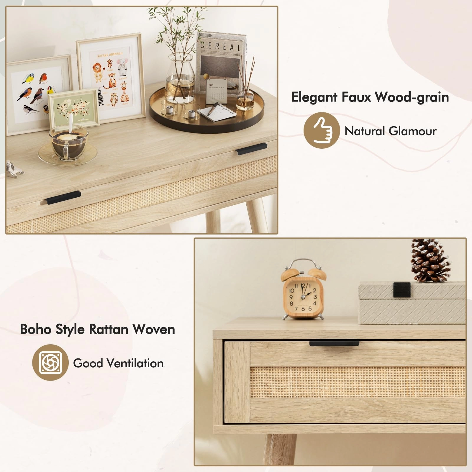 Giantex Rattan Console Table with Drawer, Boho Style Entryway Table, Farmhouse Wooden Sofa Side Table with Storage, Accent Vanity Table