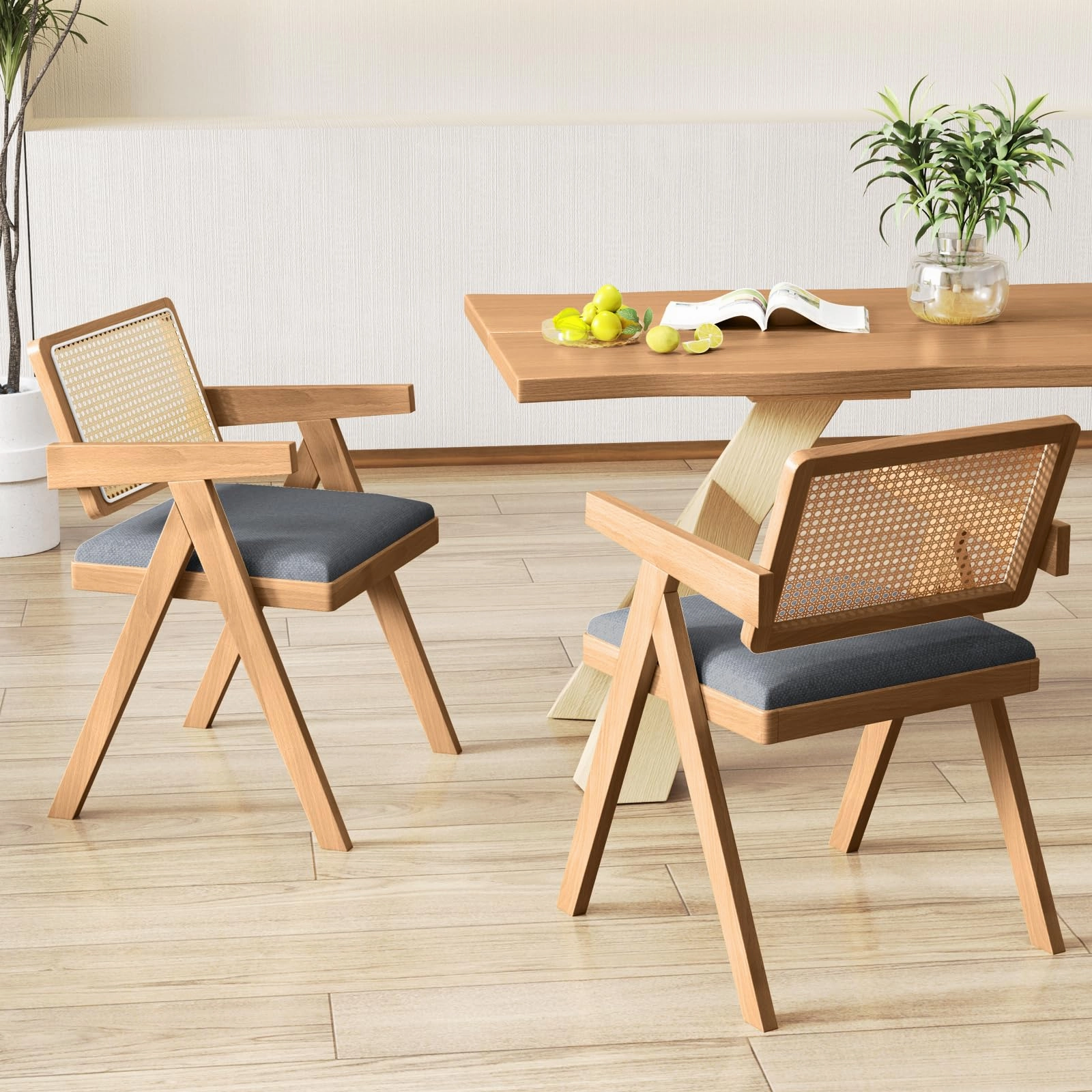 Giantex Rattan Dining Chairs, Leathaire Kitchen Chairs w/Armrests & Padded Cushion