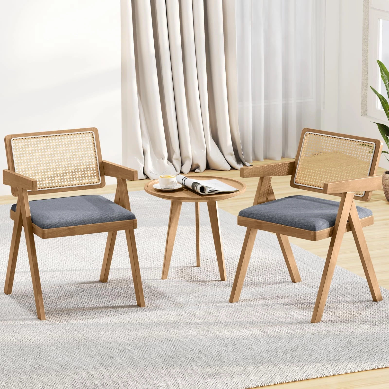 Giantex Rattan Dining Chairs, Leathaire Kitchen Chairs w/Armrests & Padded Cushion