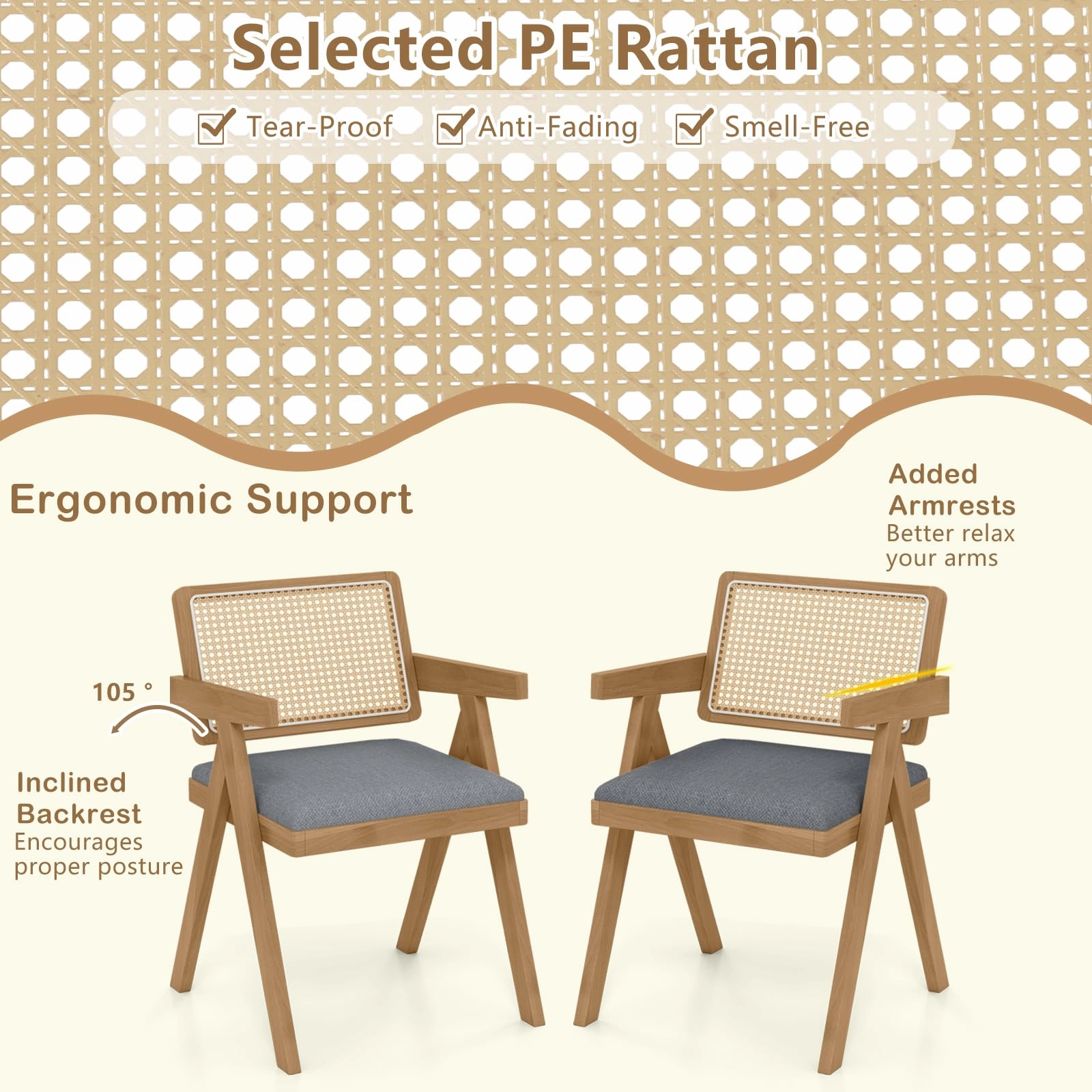 Giantex Rattan Dining Chairs, Leathaire Kitchen Chairs w/Armrests & Padded Cushion