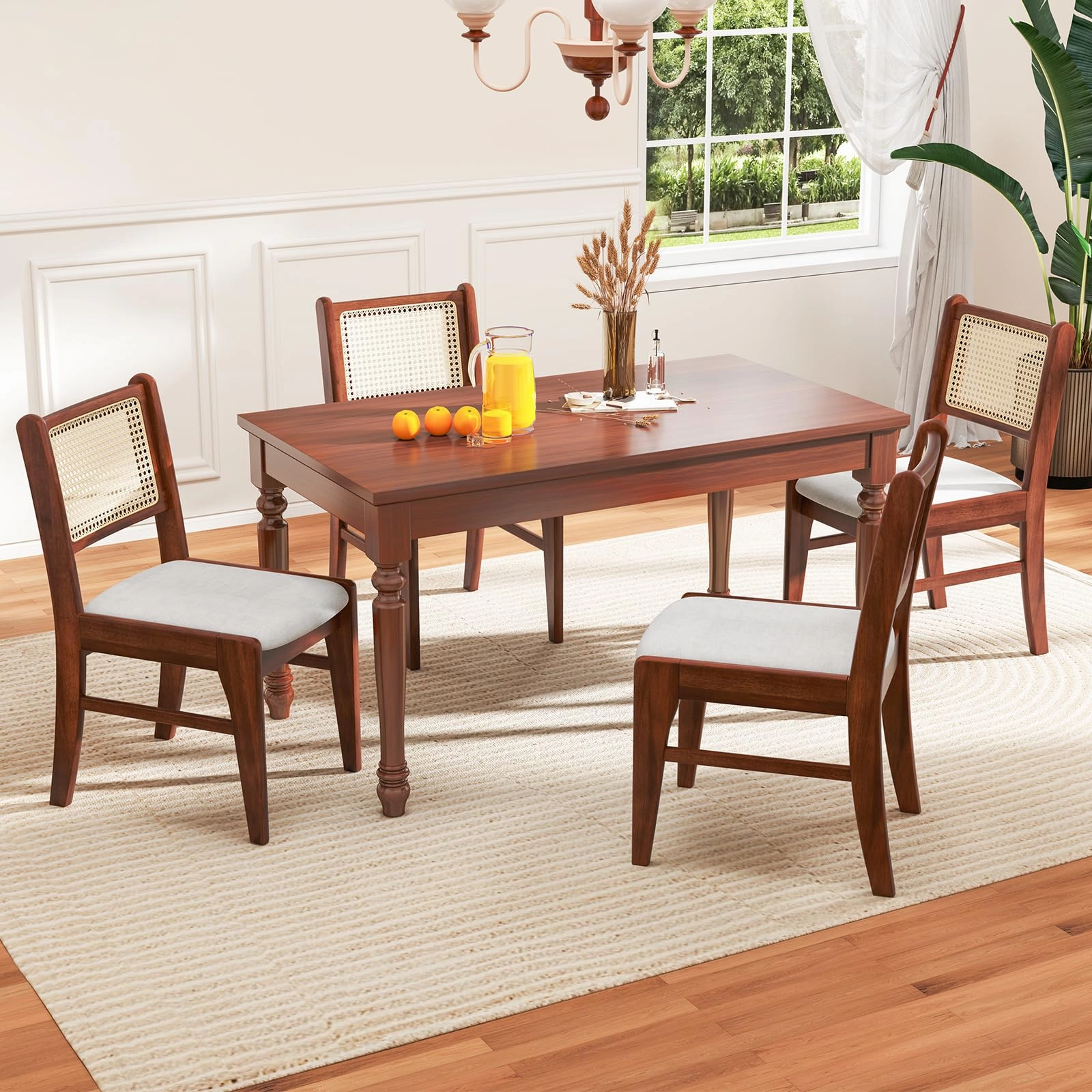 Giantex Rattan Dining Chairs Set of 2/4, Wooden Kitchen Chairs w/Cane Back, Rubber Wood Frame
