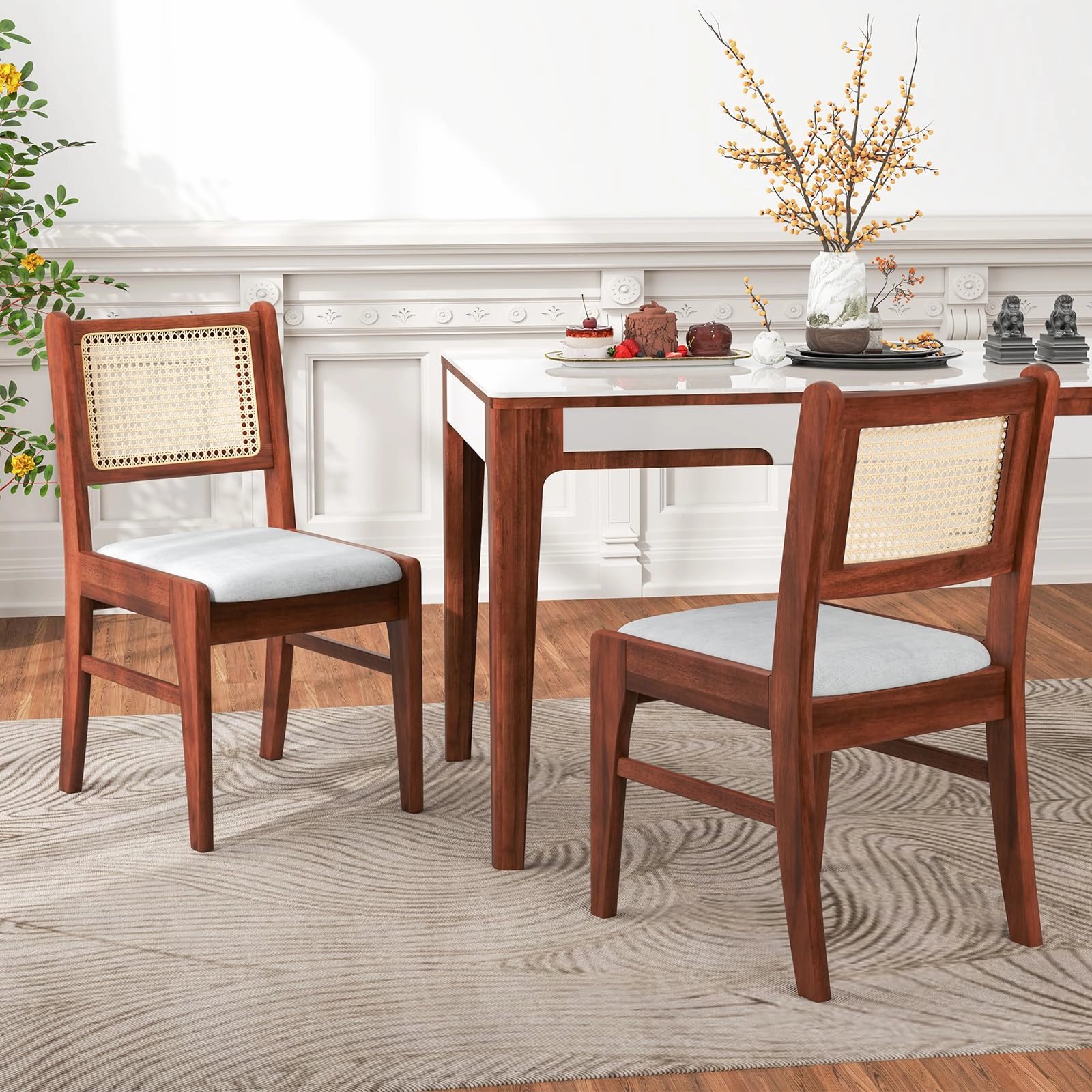 Giantex Rattan Dining Chairs Set of 2/4, Wooden Kitchen Chairs w/Cane Back, Rubber Wood Frame