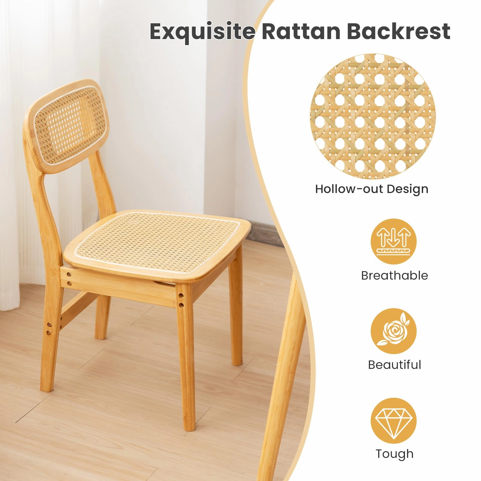 Giantex Rattan Dining Chairs Set of 2, Boho Cane Kitchen Chairs, Max Load 300 Lbs