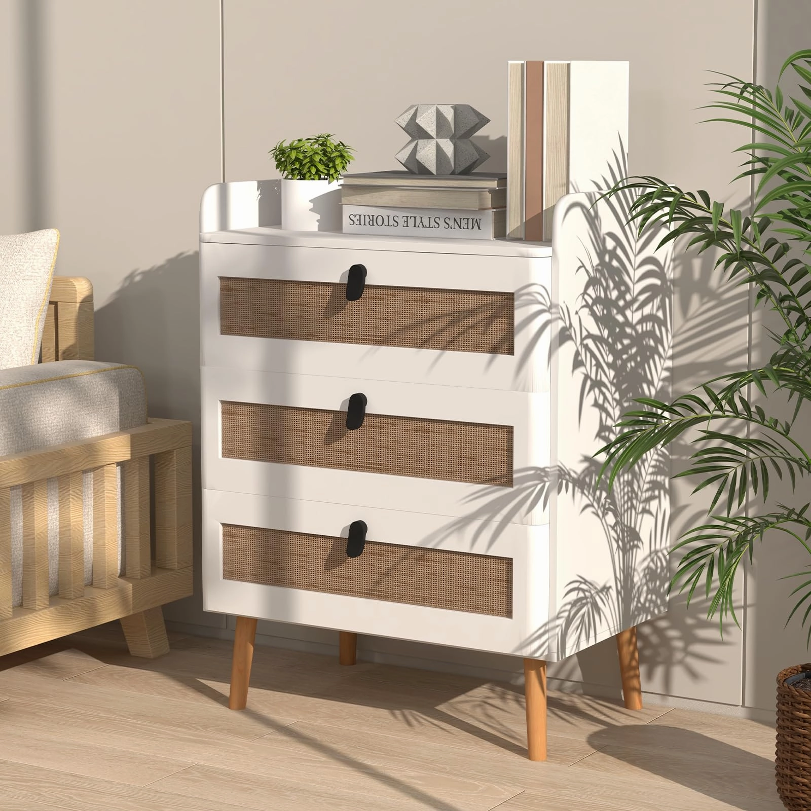 Giantex Rattan Nightstand, Boho 3-Drawer Dresser with 4 Solid Wood Legs