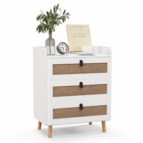 Giantex Rattan Nightstand, Boho 3-Drawer Dresser with 4 Solid Wood Legs throw pillow, fuzzy blanket