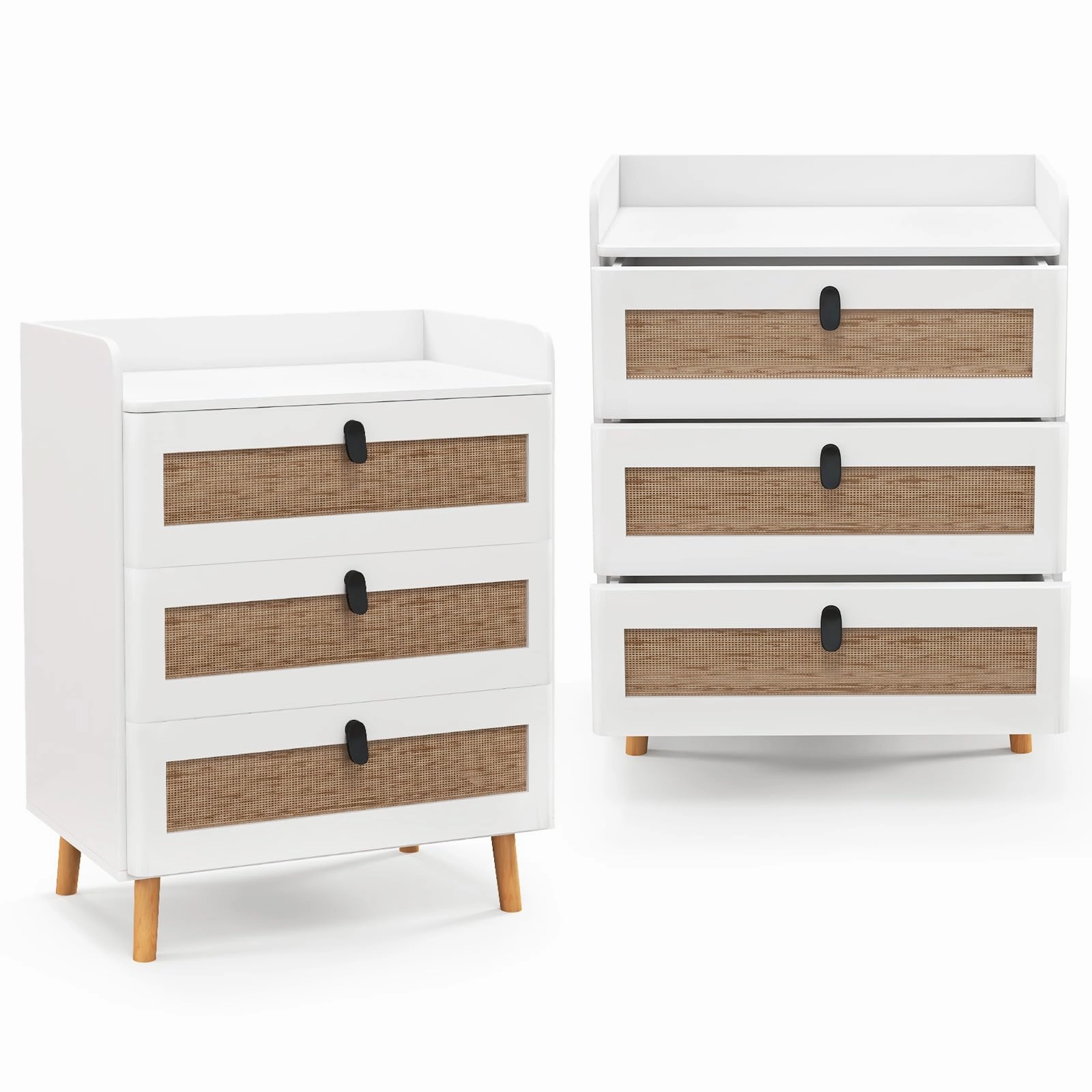 Giantex Rattan Nightstand, Boho 3-Drawer Dresser with 4 Solid Wood Legs
