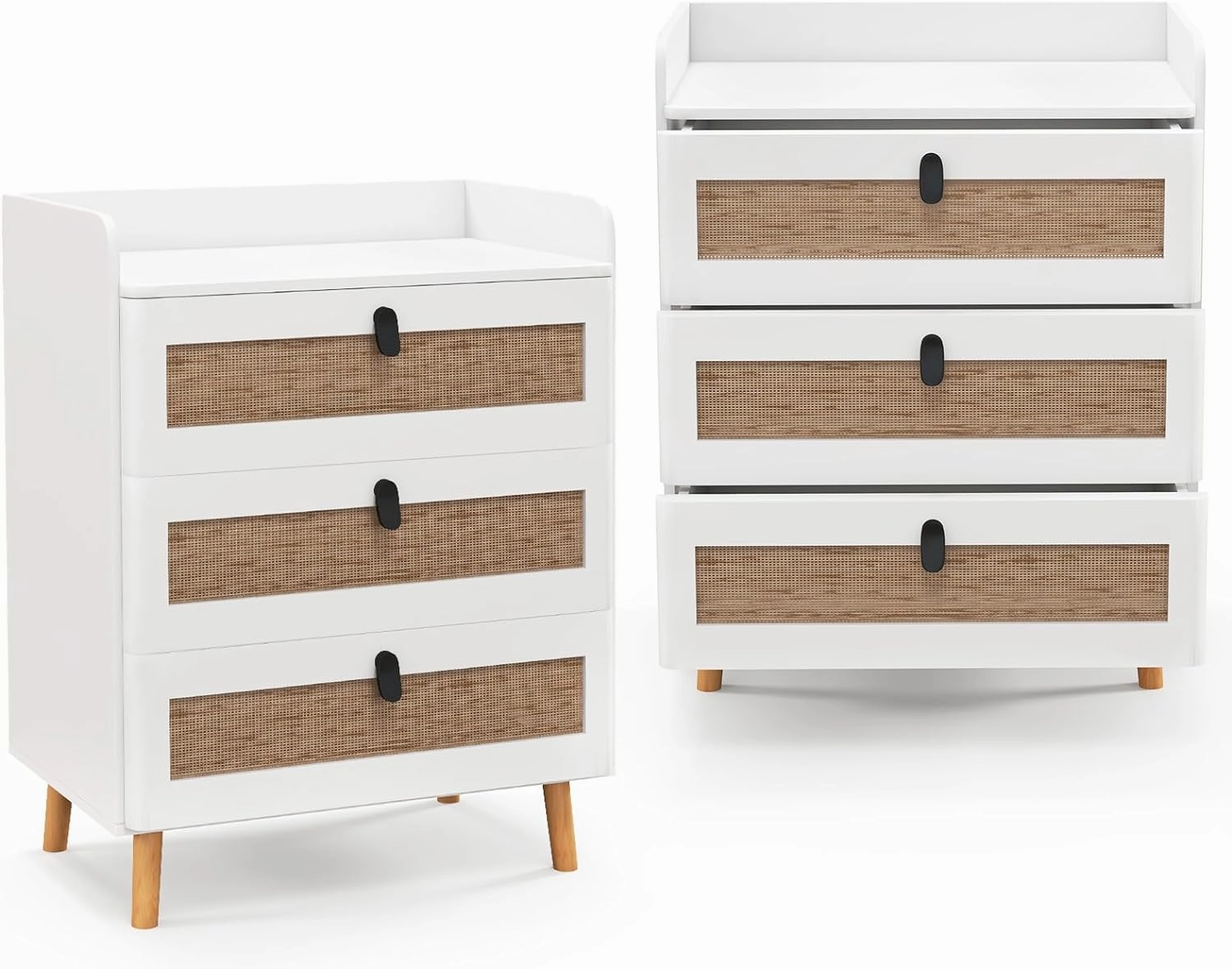 Giantex Rattan Nightstand, Boho 3-Drawer Dresser with 4 Solid Wood Legs