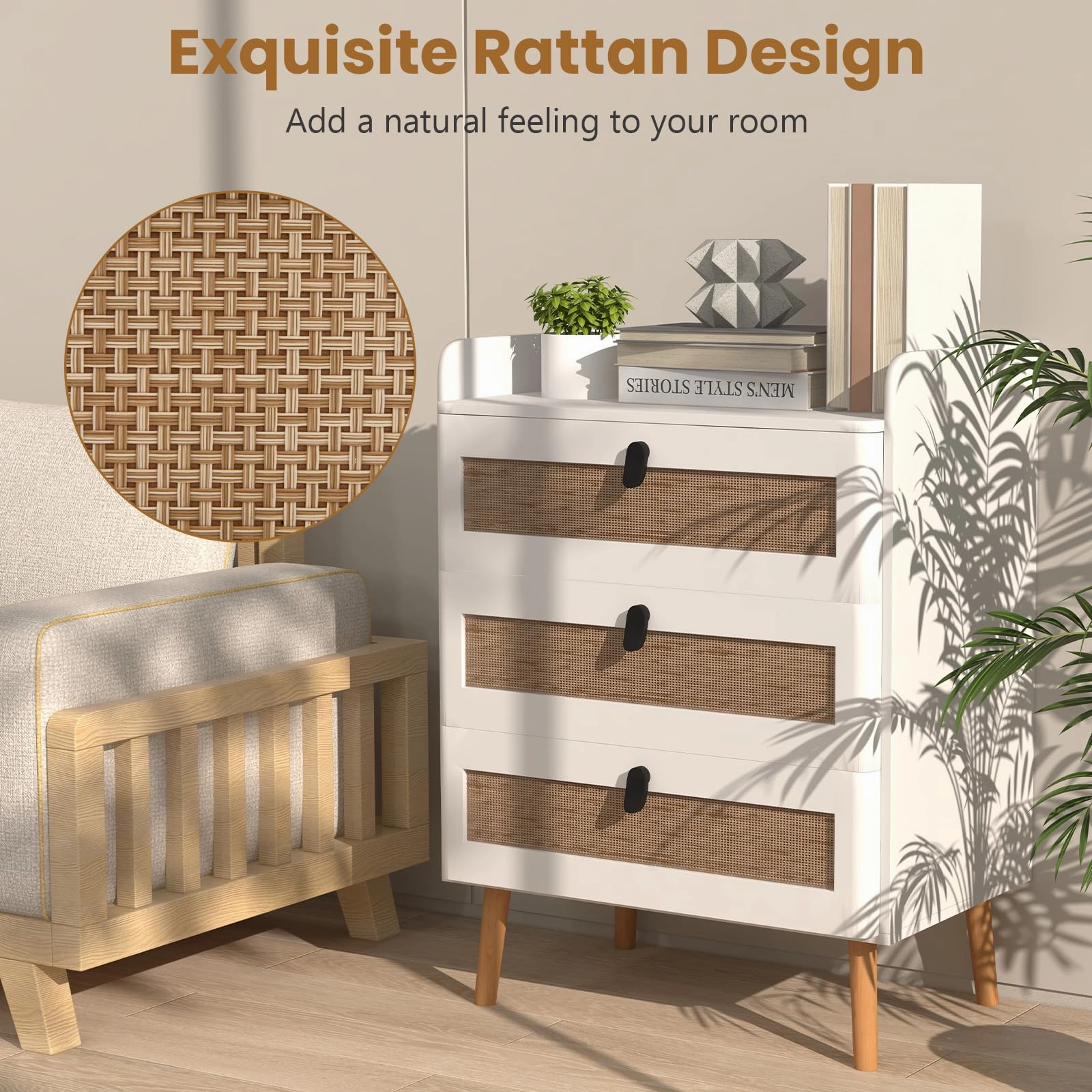 Giantex Rattan Nightstand, Boho 3-Drawer Dresser with 4 Solid Wood Legs