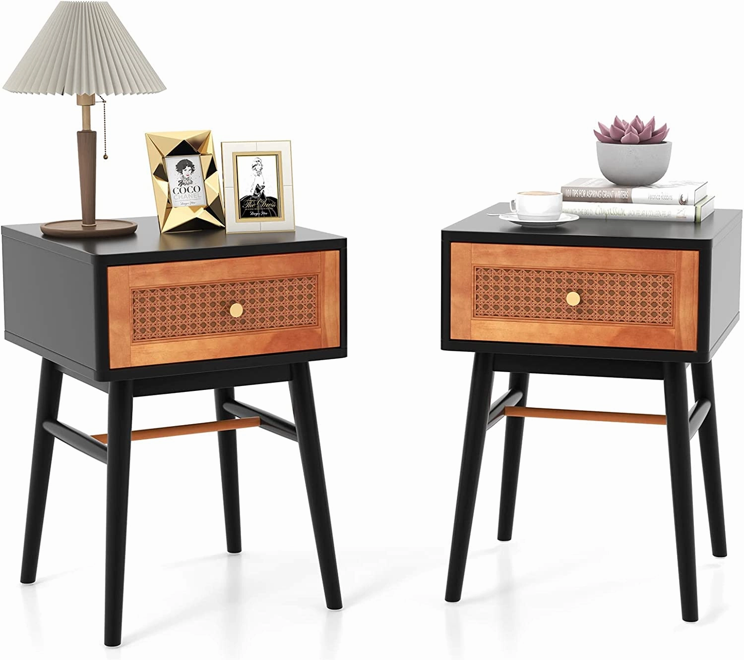 Giantex Rattan Nightstand, Boho End Side Table with Rattan Decorated Storage Drawer & Solid Wood Legs