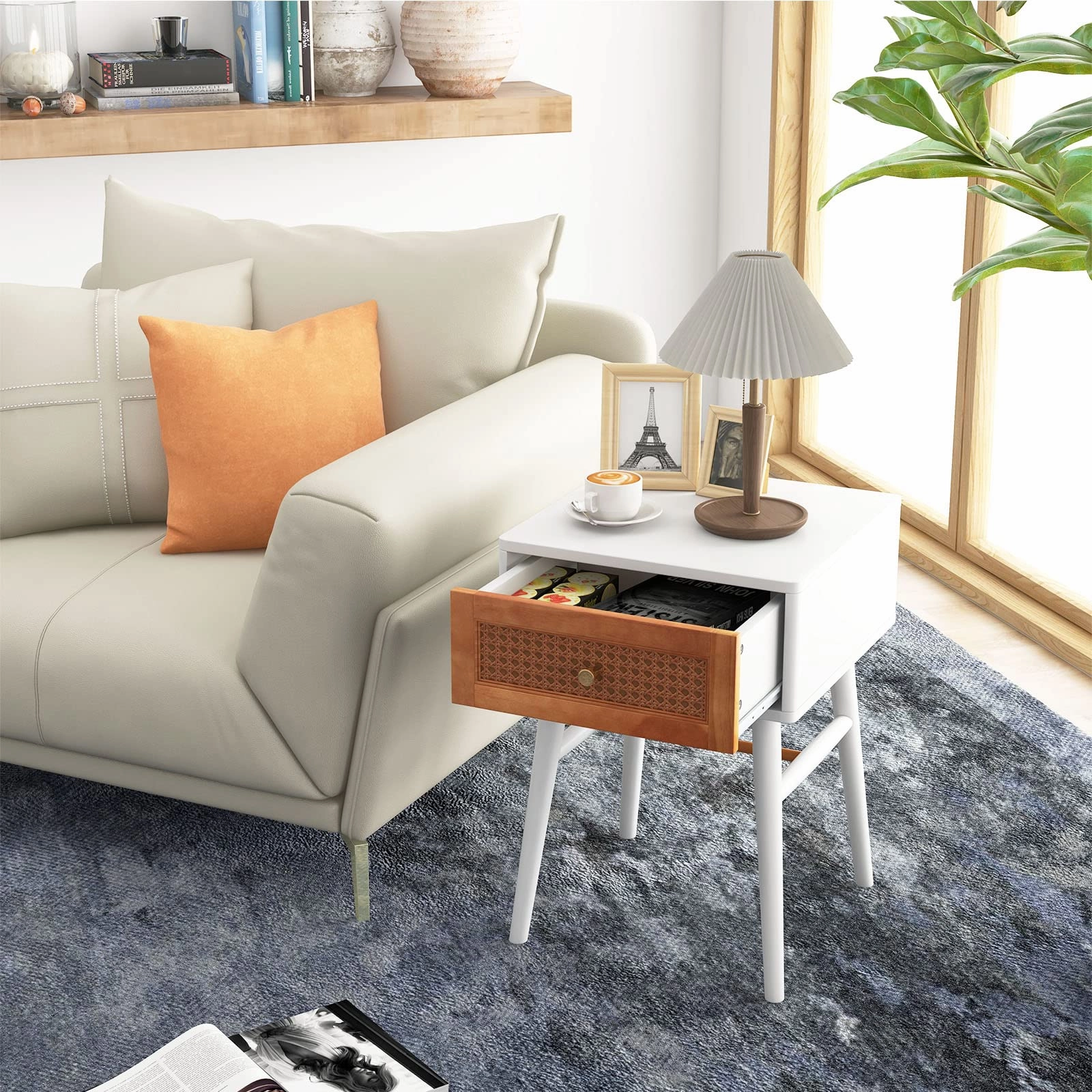 Giantex Rattan Nightstand, Boho End Side Table with Rattan Decorated Storage Drawer & Solid Wood Legs