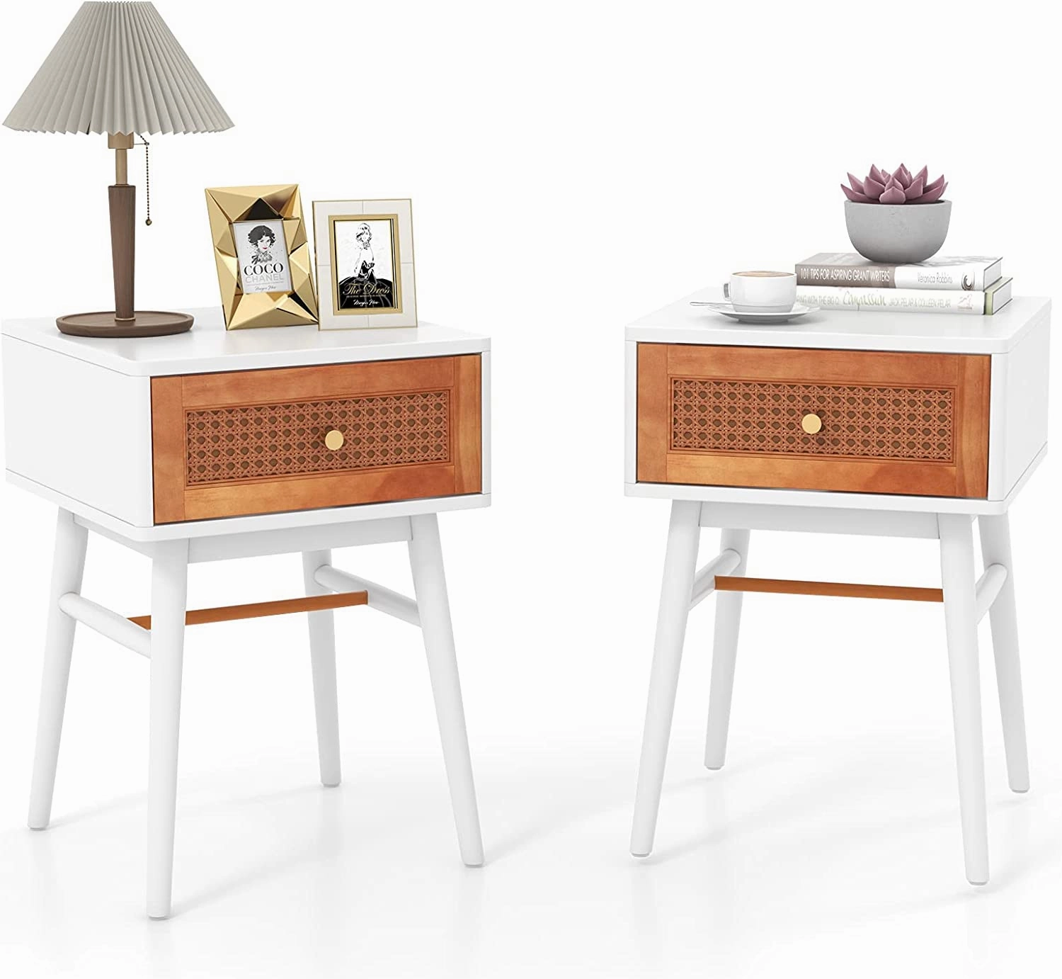 Giantex Rattan Nightstand, Boho End Side Table with Rattan Decorated Storage Drawer & Solid Wood Legs