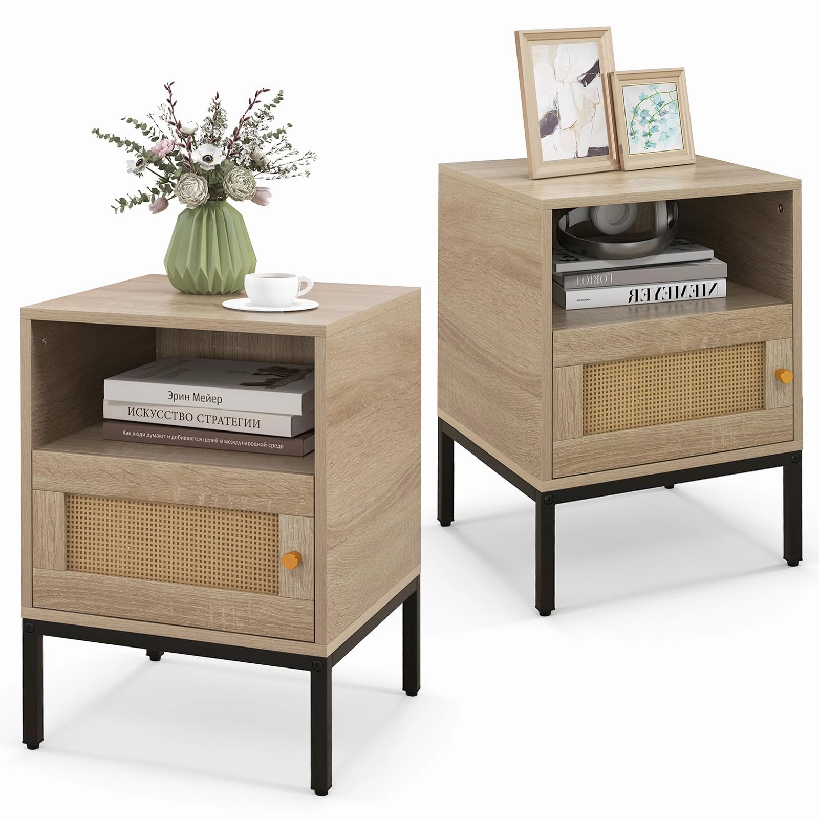 Giantex Rattan Nightstand, Boho Night Stand with Open Storage Shelf & Rattan Decorative Door throw pillow, fuzzy blanket