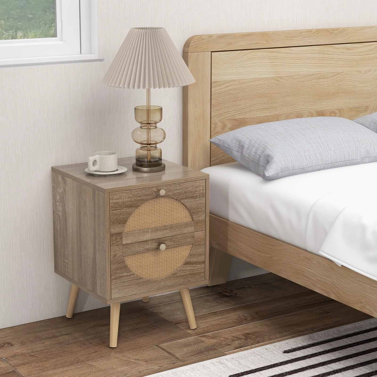 Giantex Rattan Nightstand Set of 2, Boho Bedside Tables with 2 Rattan Drawers