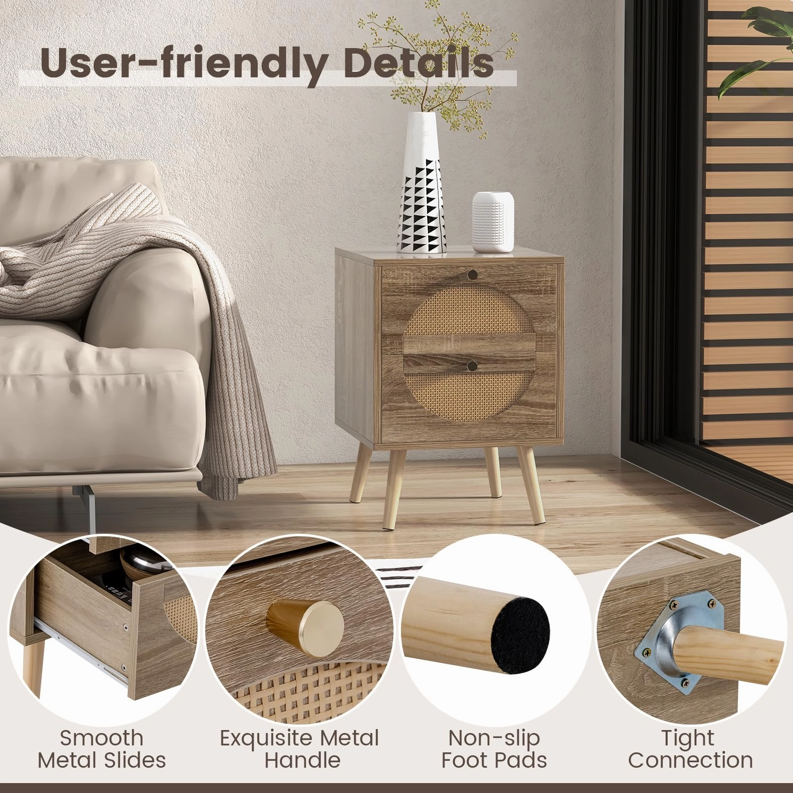 Giantex Rattan Nightstand Set of 2, Boho Bedside Tables with 2 Rattan Drawers