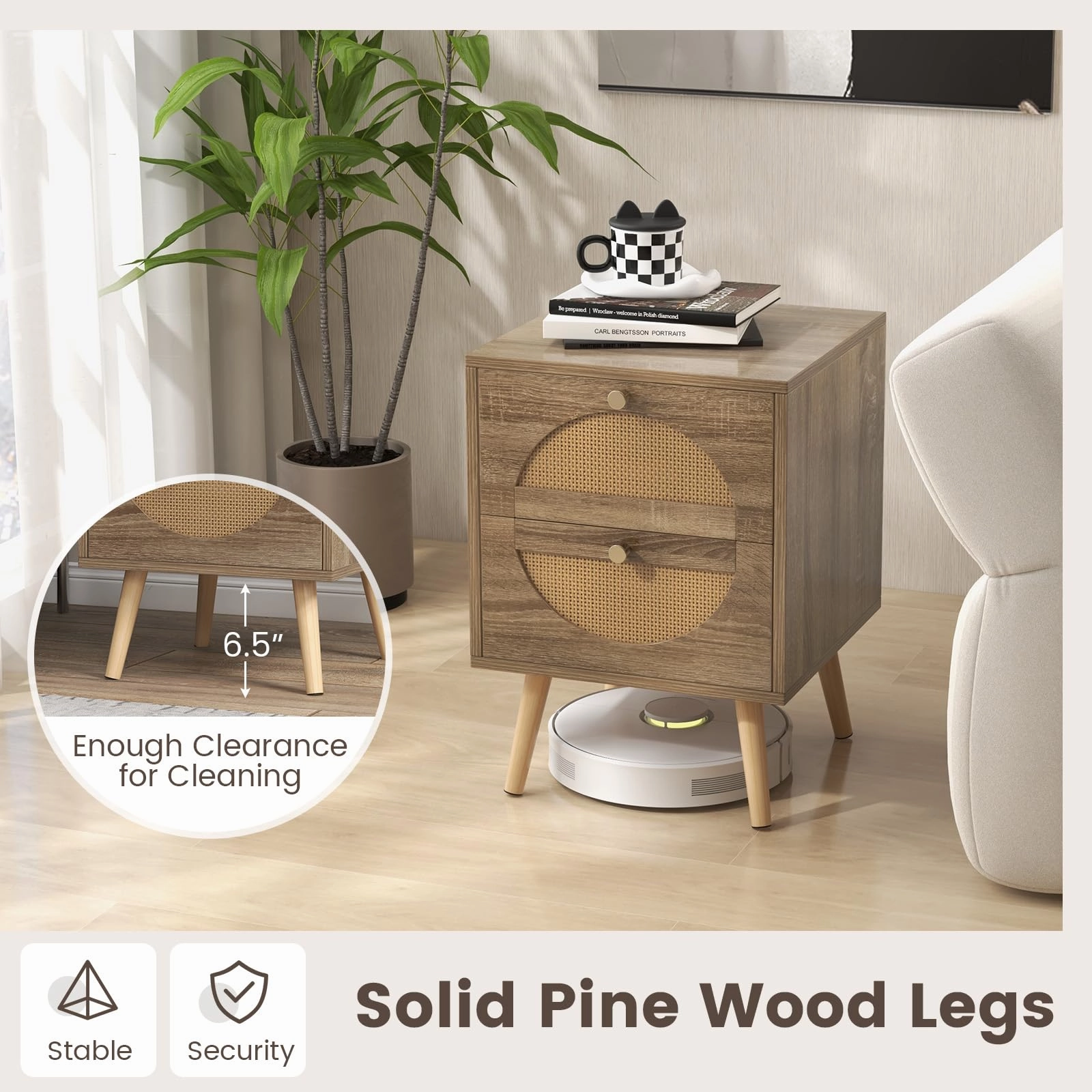 Giantex Rattan Nightstand Set of 2, Boho Bedside Tables with 2 Rattan Drawers
