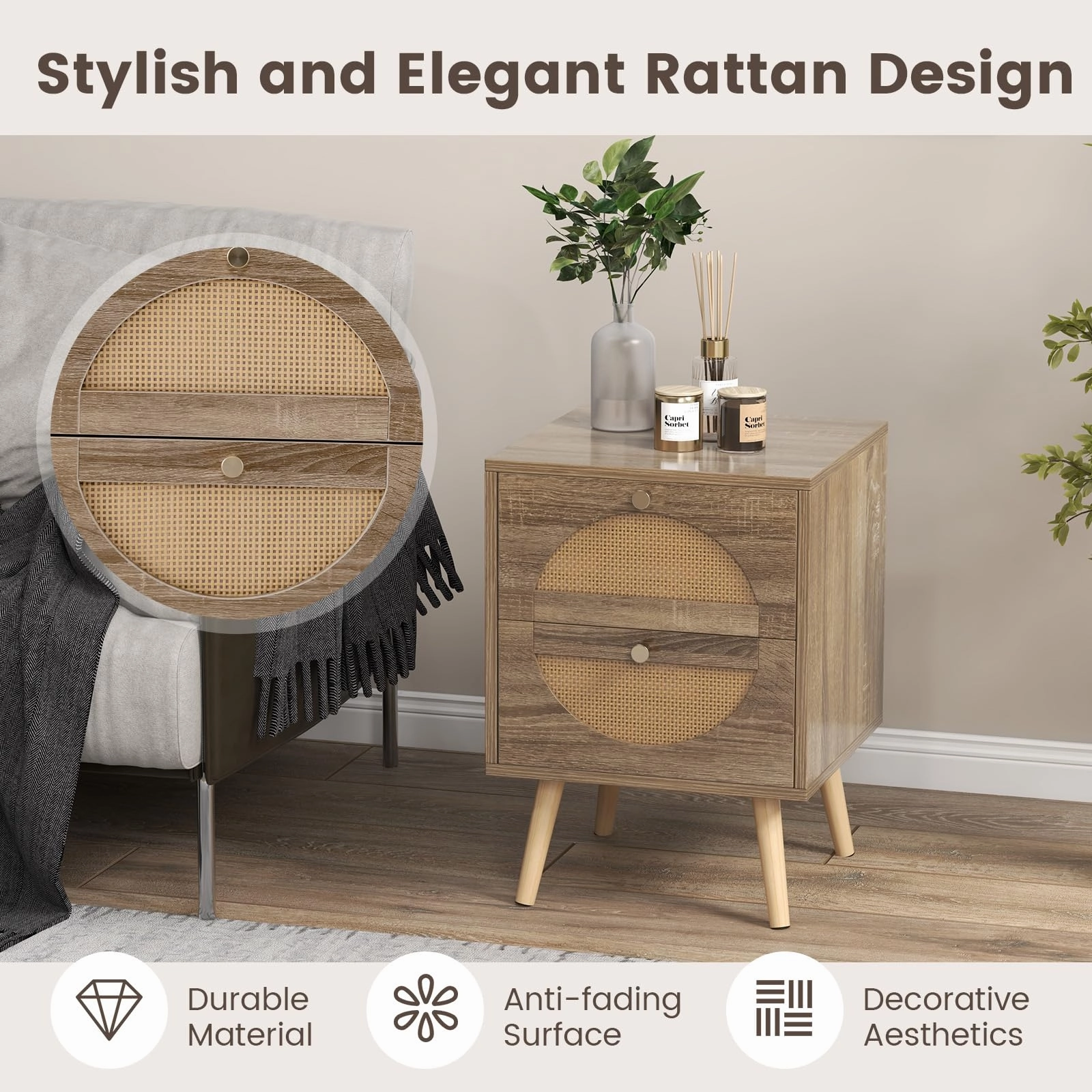 Giantex Rattan Nightstand Set of 2, Boho Bedside Tables with 2 Rattan Drawers