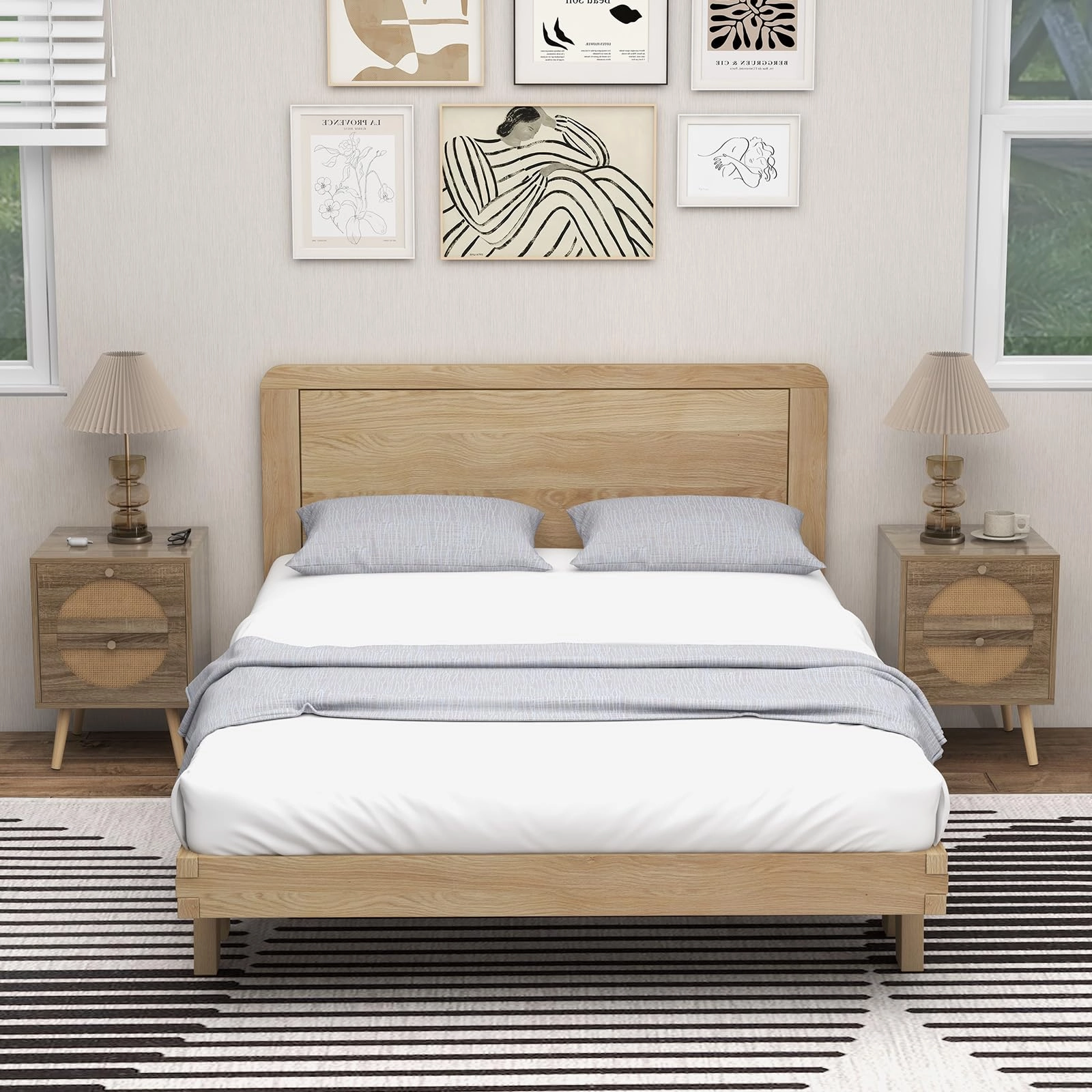 Giantex Rattan Nightstand Set of 2, Boho Bedside Tables with 2 Rattan Drawers