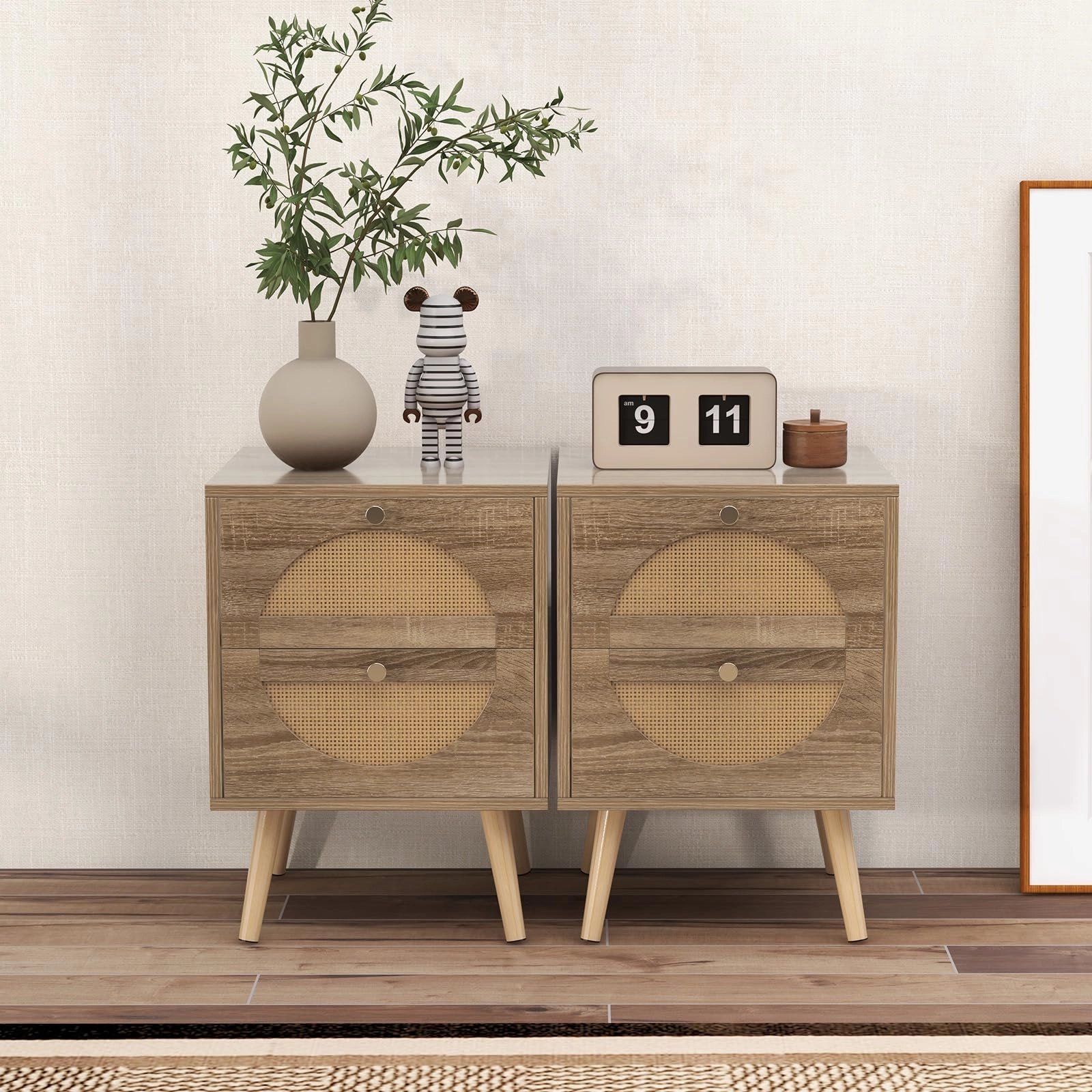 Giantex Rattan Nightstand Set of 2, Boho Bedside Tables with 2 Rattan Drawers