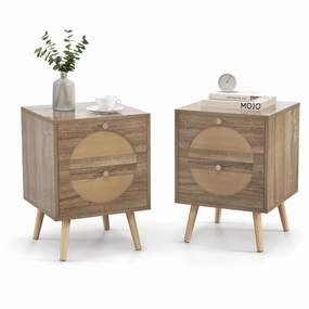 Giantex Rattan Nightstand Set of 2, Boho Bedside Tables with 2 Rattan Drawers office chair, ergonomic chair