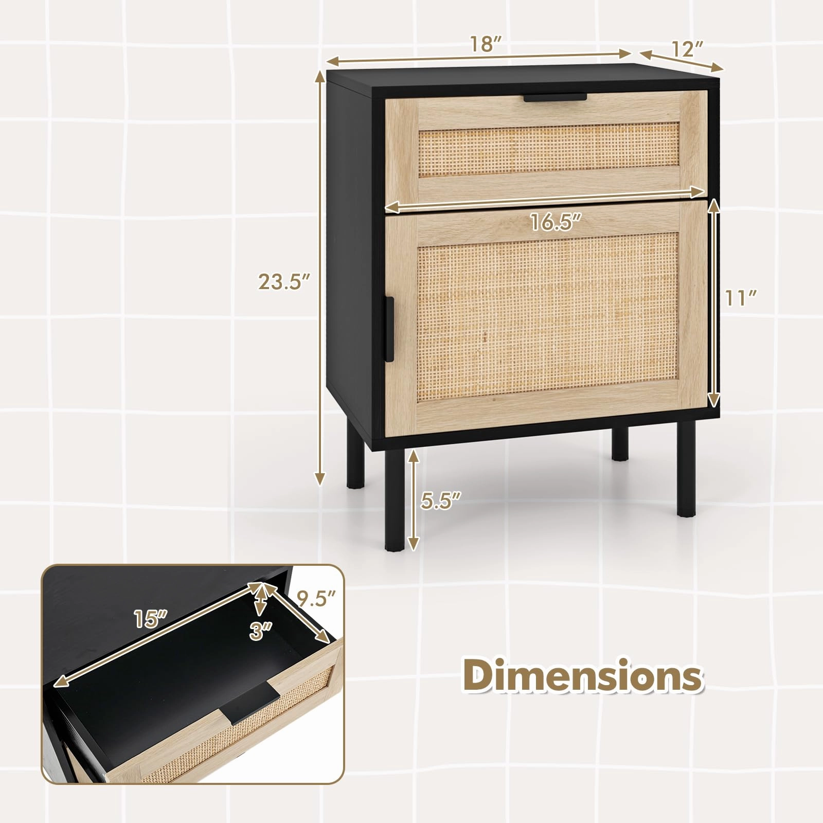 Giantex Rattan Nightstand Set of 2, Mid Century Modern End Table with Drawer & Cabinet, Sofa Side Table with Sturdy Metal Legs