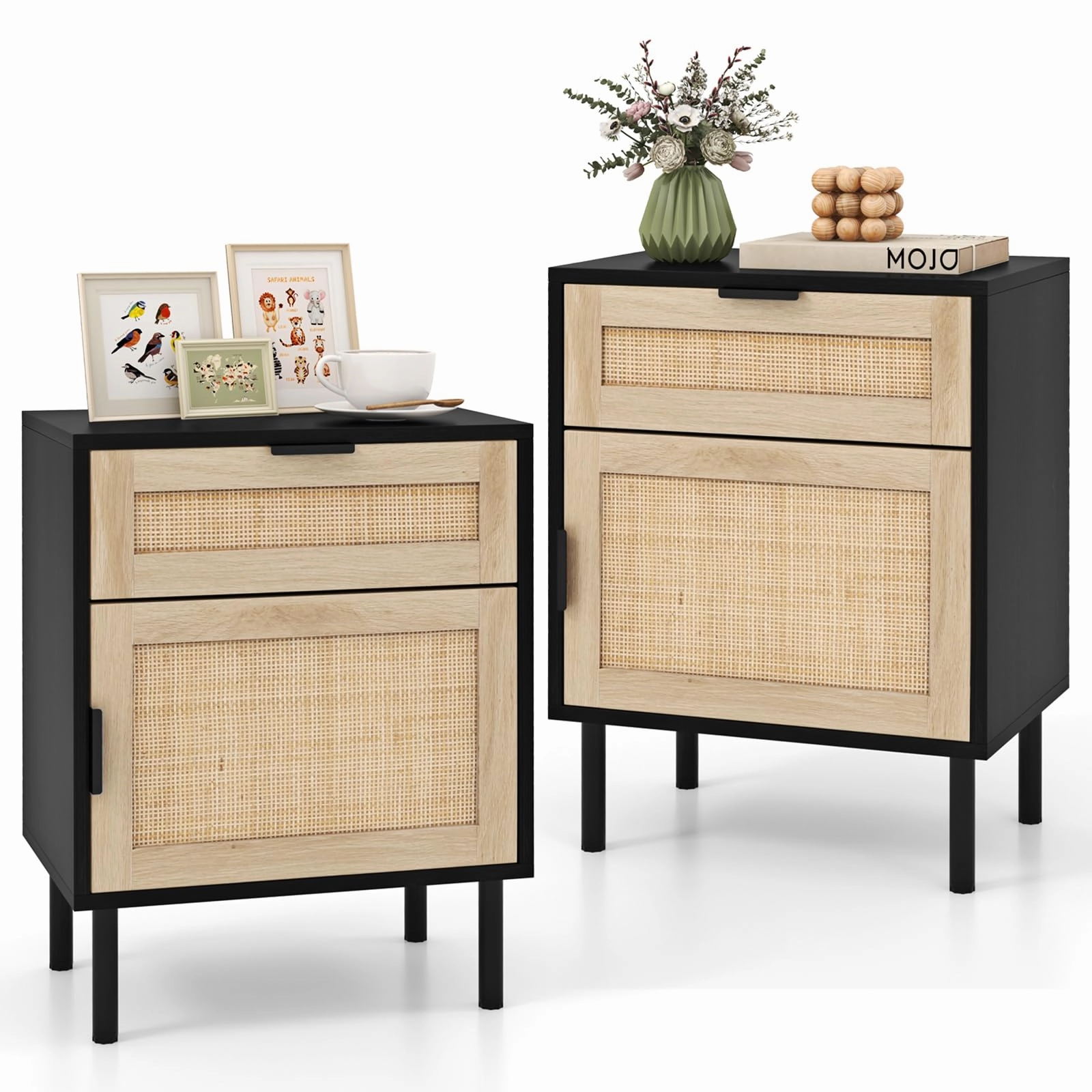 Giantex Rattan Nightstand Set of 2, Mid Century Modern End Table with Drawer & Cabinet, Sofa Side Table with Sturdy Metal Legs entry bench, mudroom storage