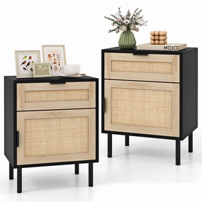 Giantex Rattan Nightstand Set of 2, Mid Century Modern End Table with Drawer & Cabinet, Sofa Side Table with Sturdy Metal Legs entry bench, mudroom storage