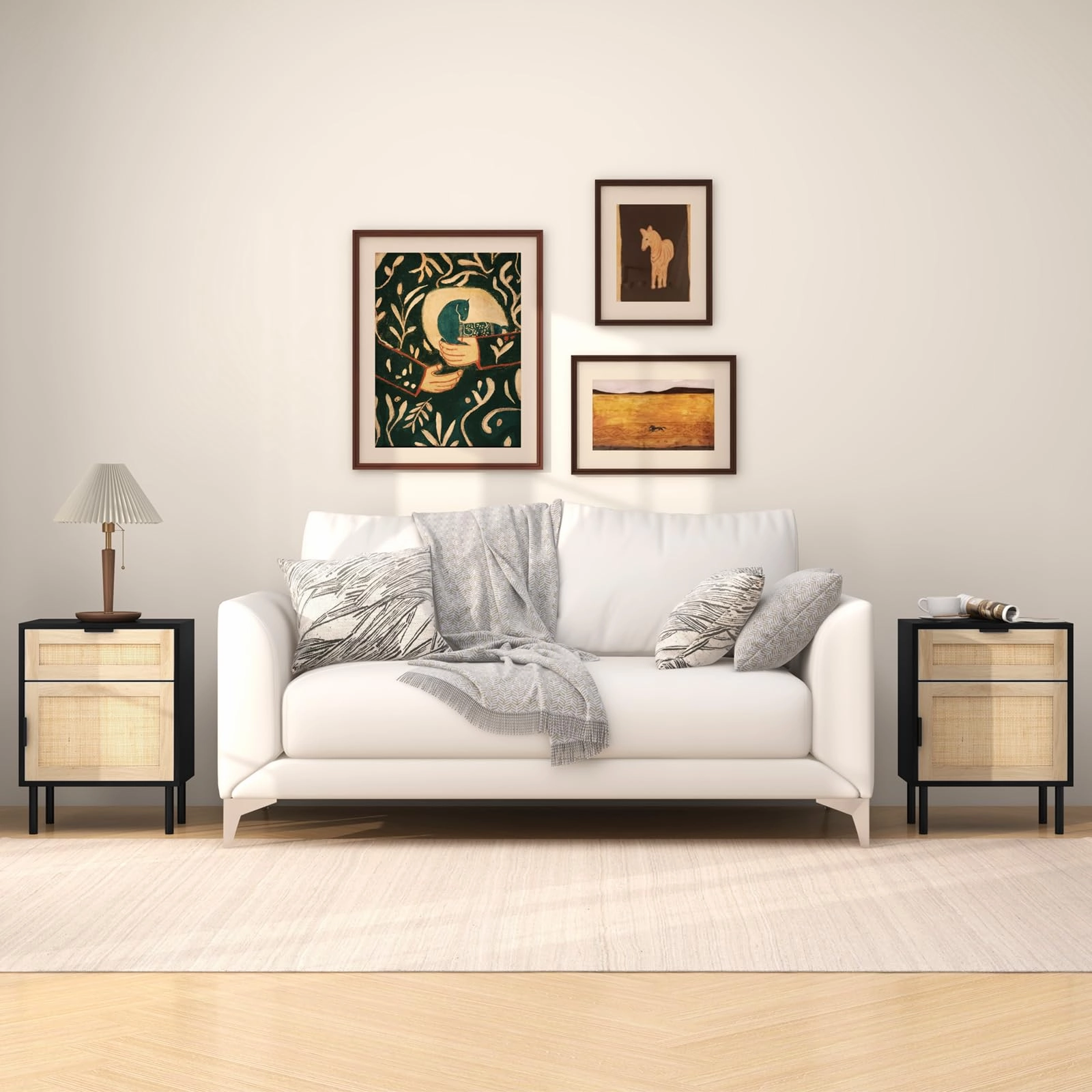 Giantex Rattan Nightstand Set of 2, Mid Century Modern End Table with Drawer & Cabinet, Sofa Side Table with Sturdy Metal Legs