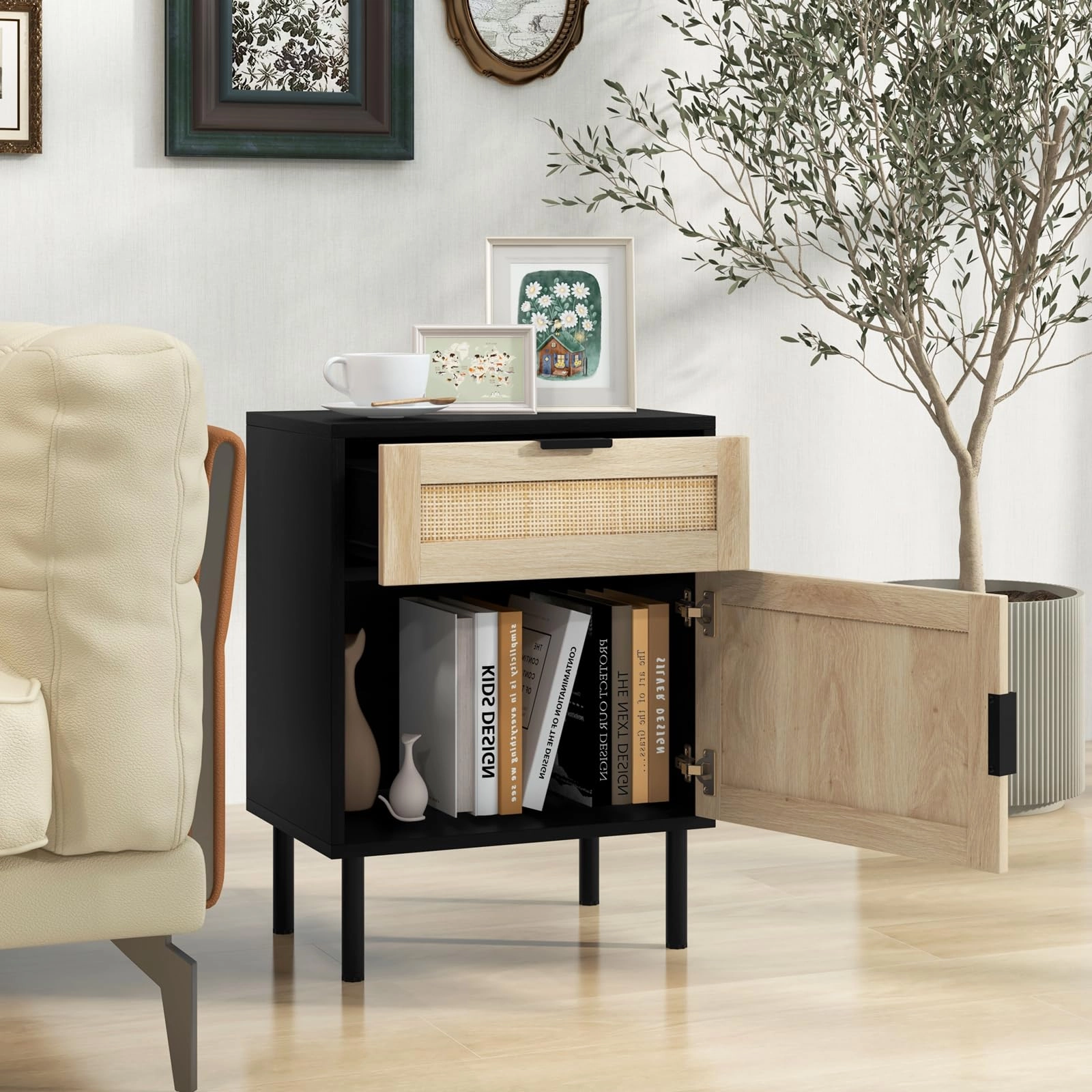 Giantex Rattan Nightstand Set of 2, Mid Century Modern End Table with Drawer & Cabinet, Sofa Side Table with Sturdy Metal Legs