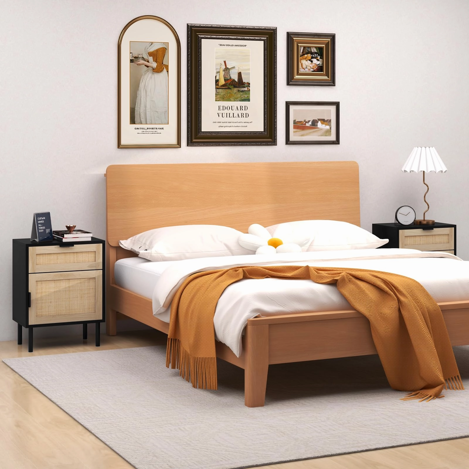 Giantex Rattan Nightstand Set of 2, Mid Century Modern End Table with Drawer & Cabinet, Sofa Side Table with Sturdy Metal Legs