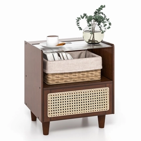 Giantex Rattan Nightstand with Drawer throw pillow, fuzzy blanket