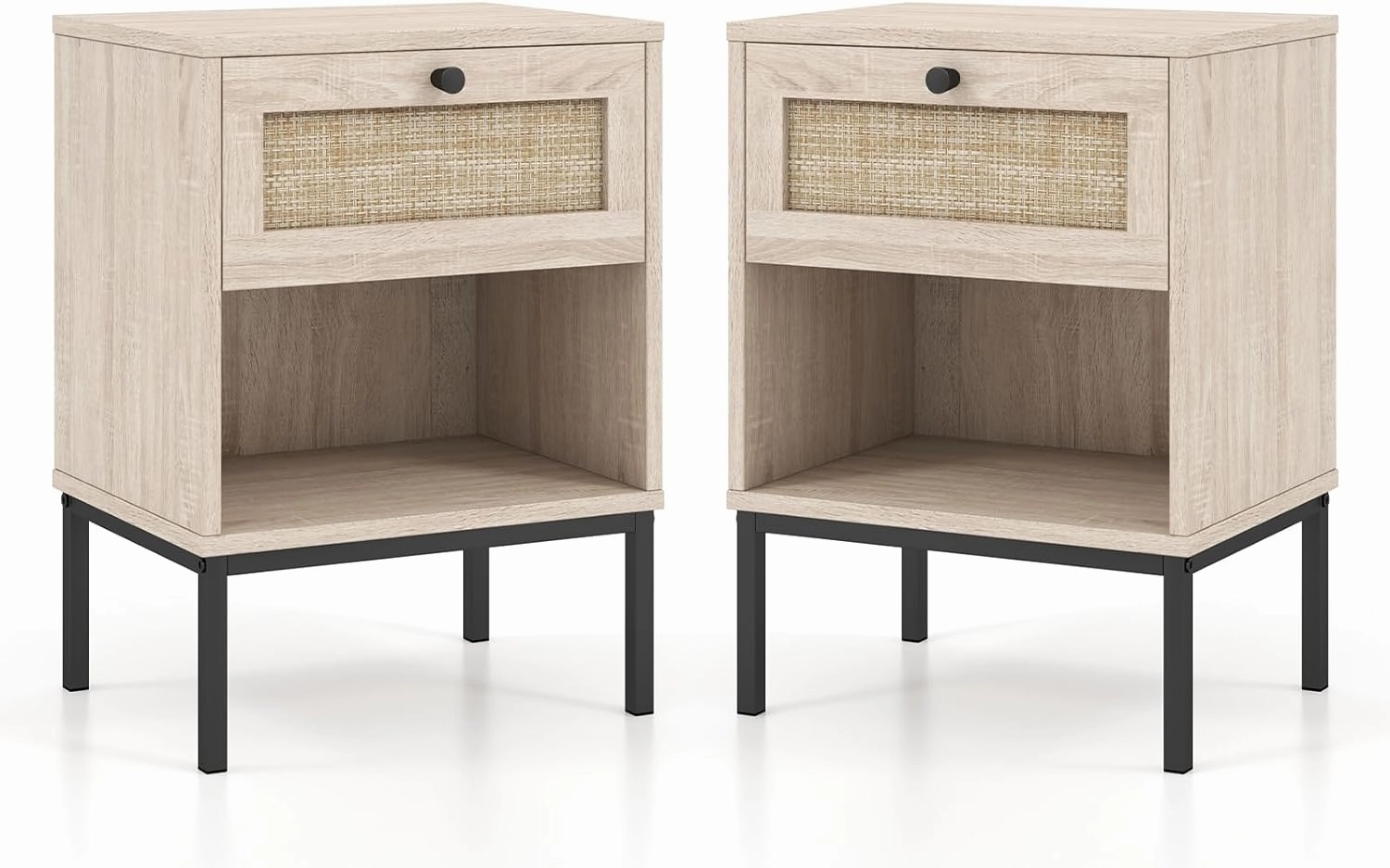 Giantex Rattan Nightstand with Drawer, Boho Side Table with 4 Metal Legs and Open Storage Shelf