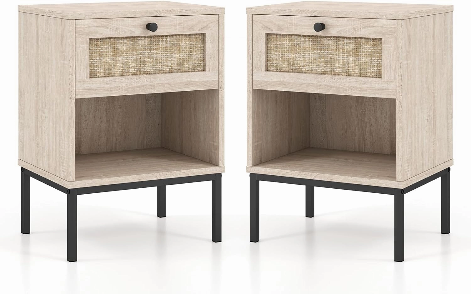 Giantex Rattan Nightstand with Drawer, Boho Side Table with 4 Metal Legs and Open Storage Shelf