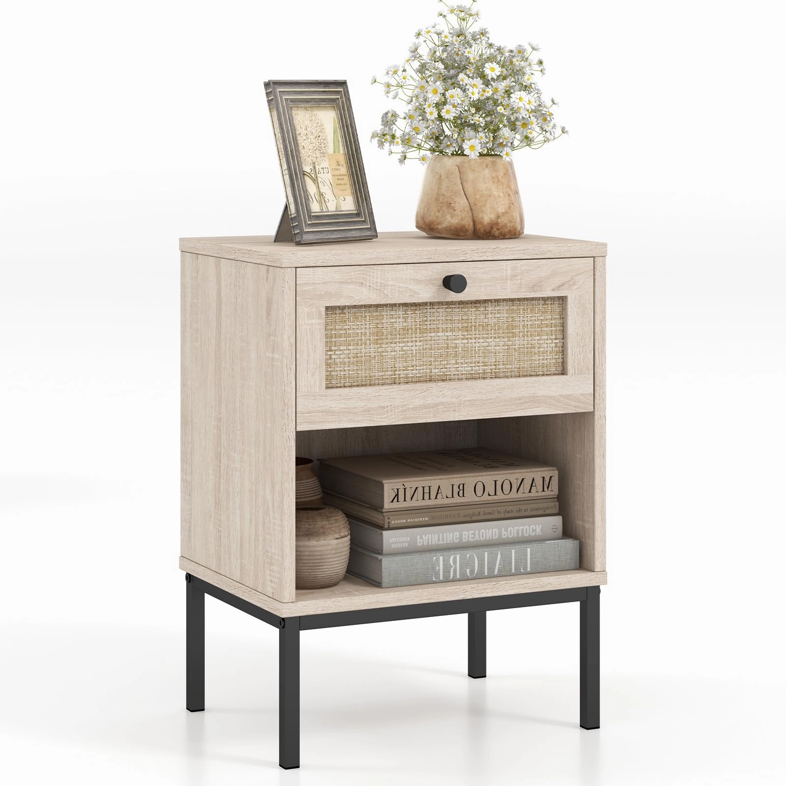 Giantex Rattan Nightstand with Drawer, Boho Side Table with 4 Metal Legs and Open Storage Shelf