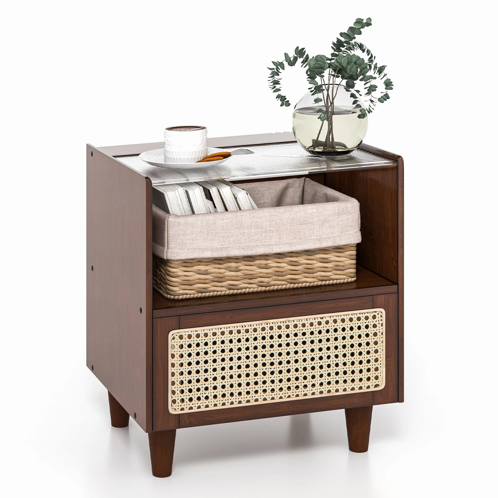 Giantex Rattan Nightstand with Drawer throw pillow, fuzzy blanket