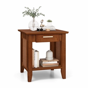 Giantex Rattan Nightstand with Drawer, Mid Century End Table with Storage Shelf, Sofa Side Table with Solid Rubber Wood Legs throw pillow, fuzzy blanket