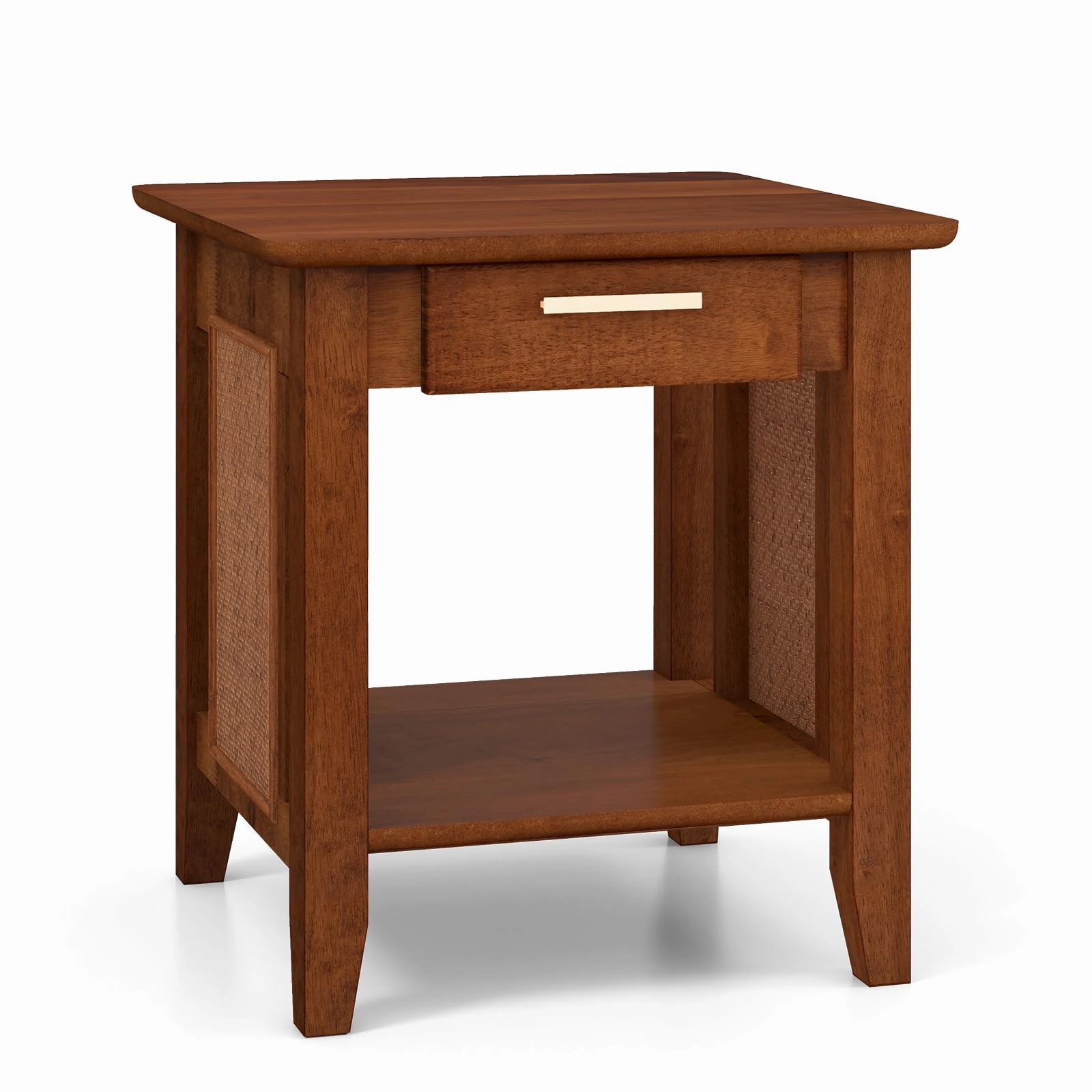 Giantex Rattan Nightstand with Drawer, Mid Century End Table with Storage Shelf, Sofa Side Table with Solid Rubber Wood Legs