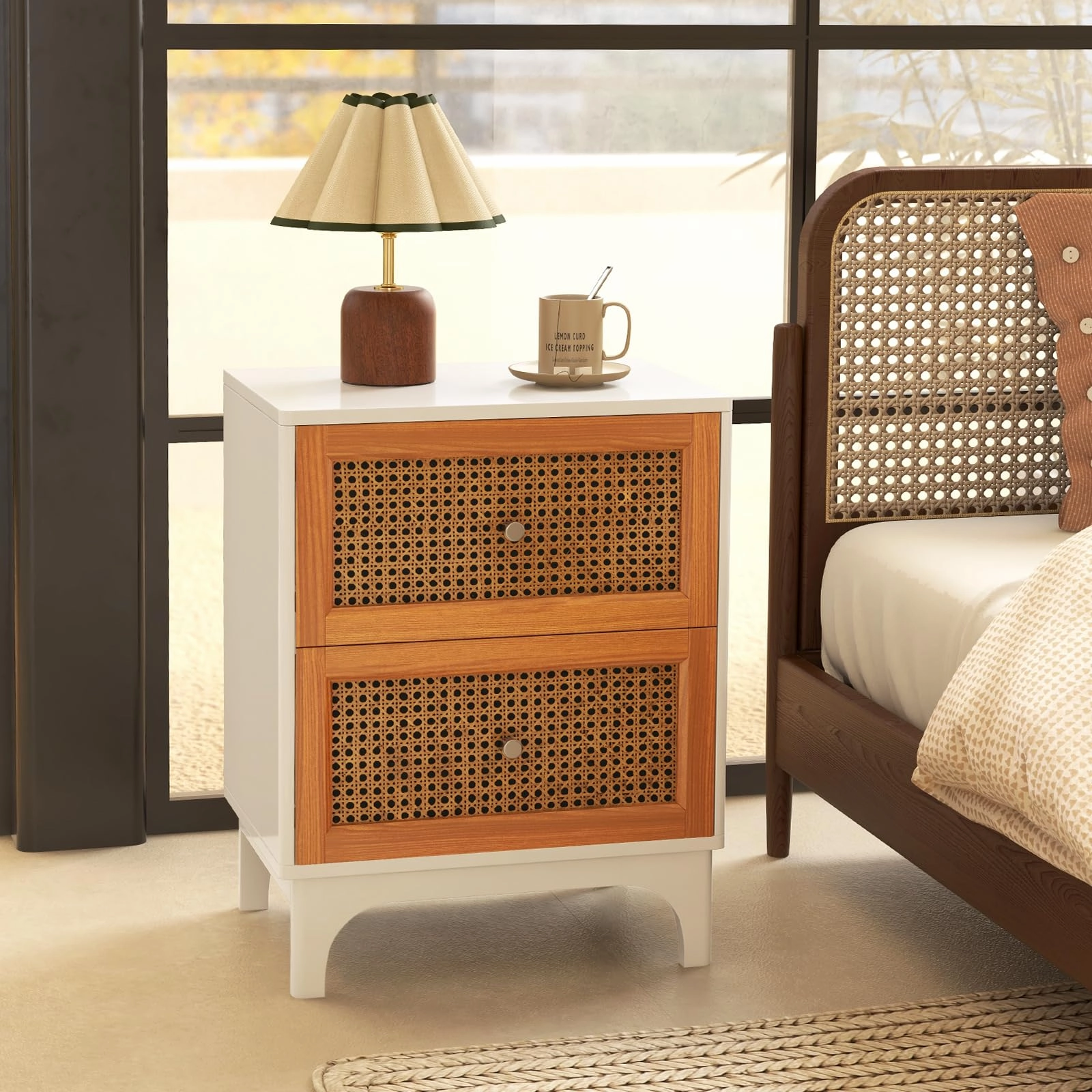 Giantex Rattan Nightstand with Drawers, Natural Rattan End Table, Cane Accent Bedside Table with Solid Wood Legs for Bedroom