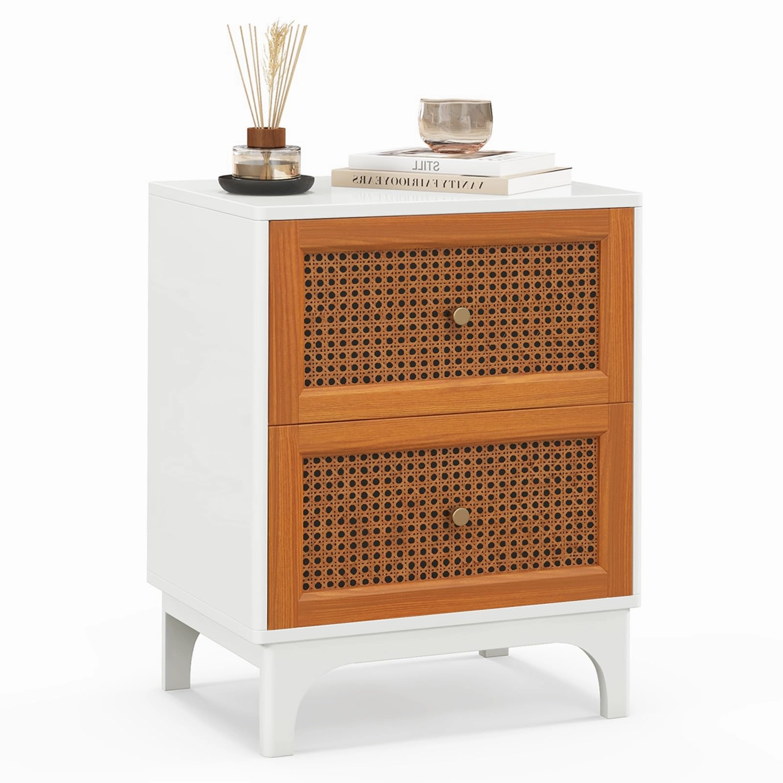 Giantex Rattan Nightstand with Drawers, Natural Rattan End Table, Cane Accent Bedside Table with Solid Wood Legs for Bedroom throw pillow, fuzzy blanket