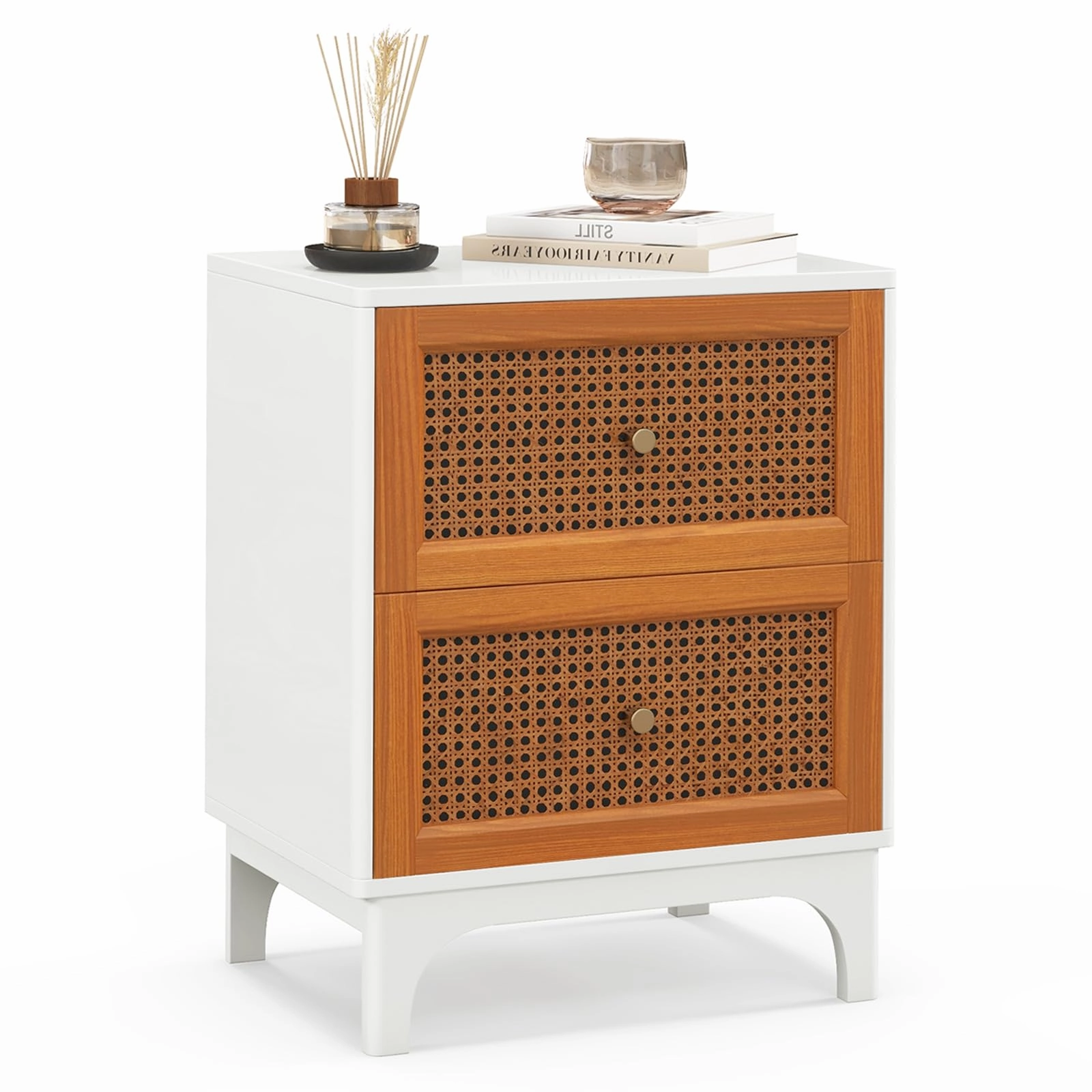 Giantex Rattan Nightstand with Drawers, Natural Rattan End Table, Cane Accent Bedside Table with Solid Wood Legs for Bedroom office chair, ergonomic chair