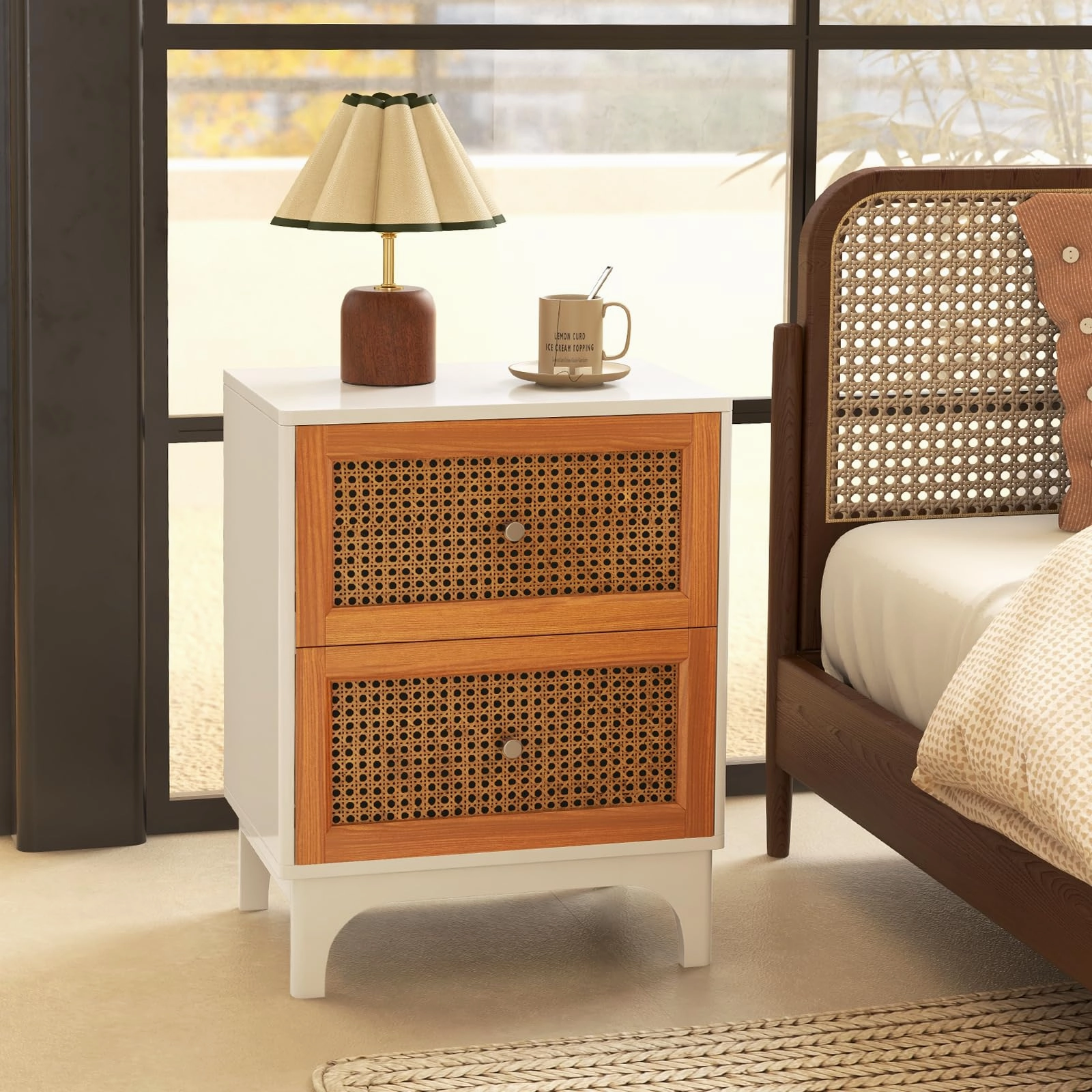 Giantex Rattan Nightstand with Drawers, Natural Rattan End Table, Cane Accent Bedside Table with Solid Wood Legs for Bedroom