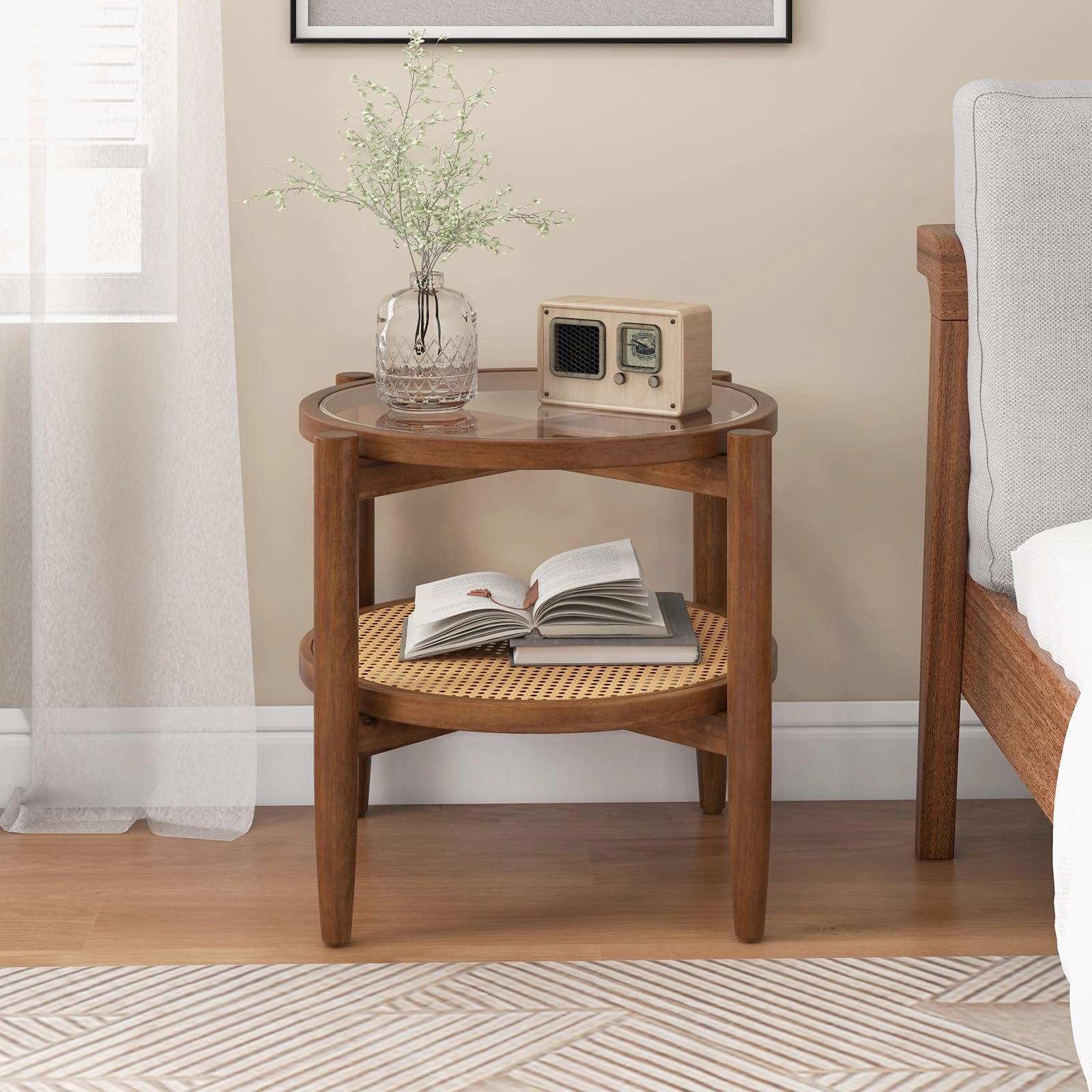 Giantex Rattan Round End Table Walnut Boho Nightstand with Tempered Glass Top and Acacia Wood Legs