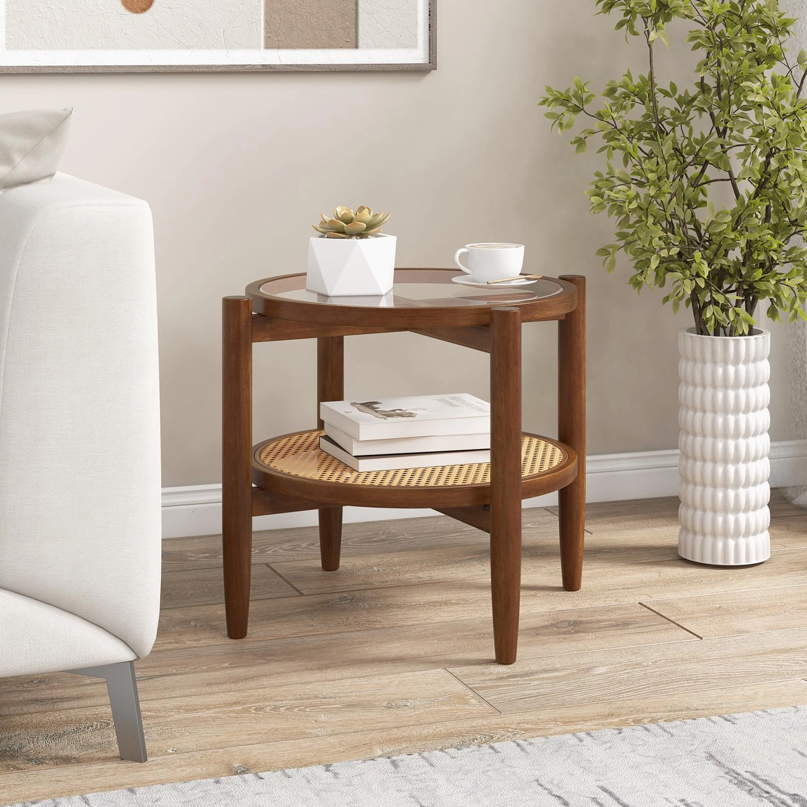 Giantex Rattan Round End Table Walnut Boho Nightstand with Tempered Glass Top and Acacia Wood Legs