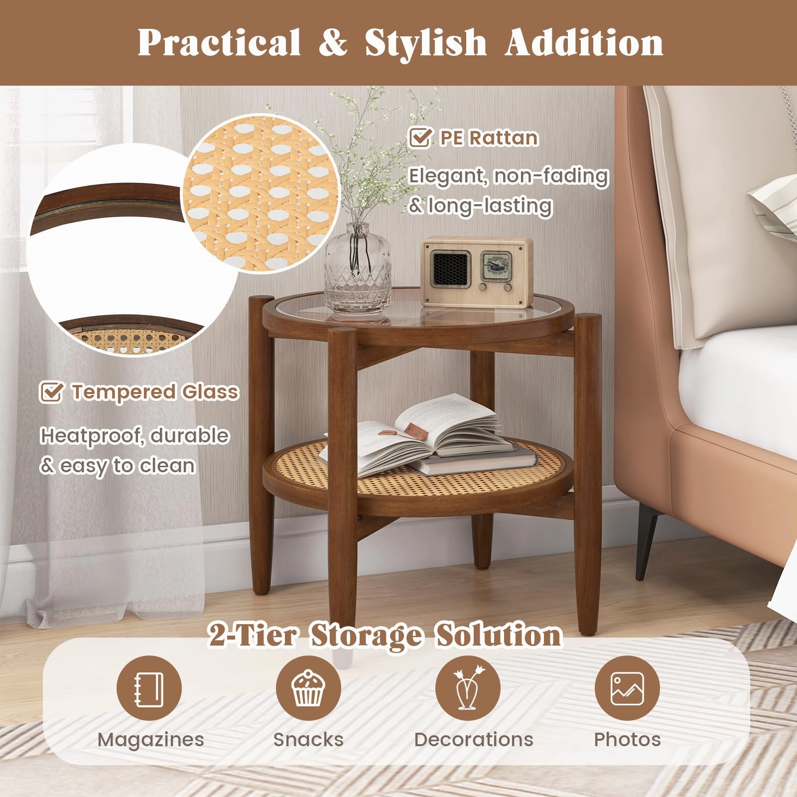Giantex Rattan Round End Table Walnut Boho Nightstand with Tempered Glass Top and Acacia Wood Legs