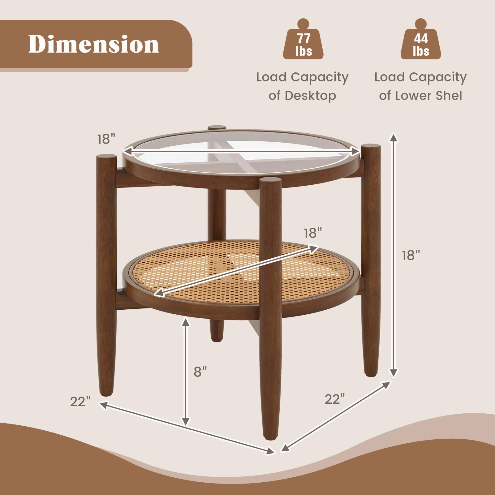 Giantex Rattan Round End Table Walnut Boho Nightstand with Tempered Glass Top and Acacia Wood Legs