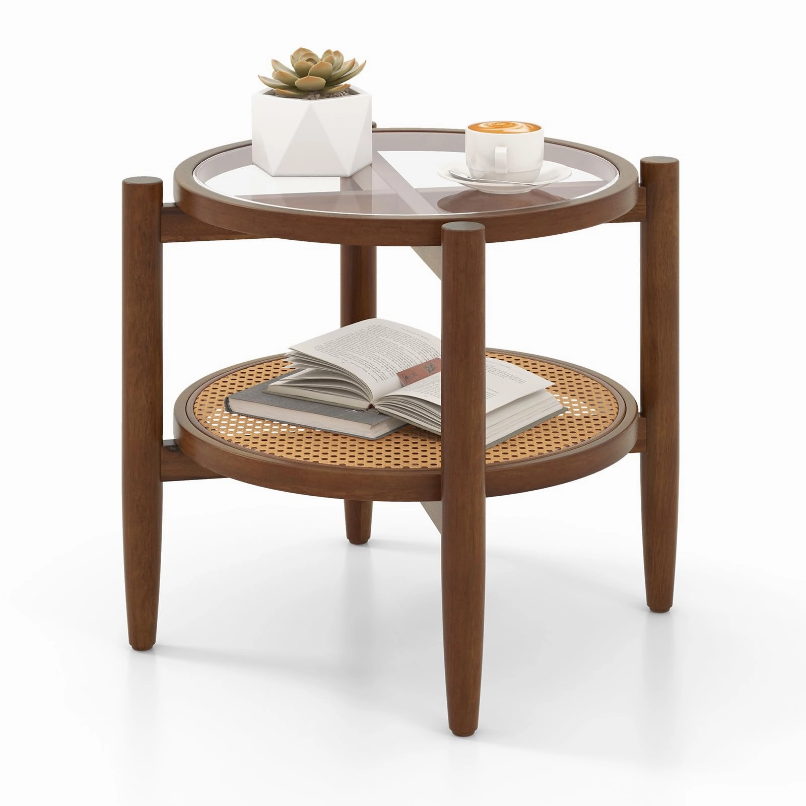 Giantex Rattan Round End Table Walnut Boho Nightstand with Tempered Glass Top and Acacia Wood Legs