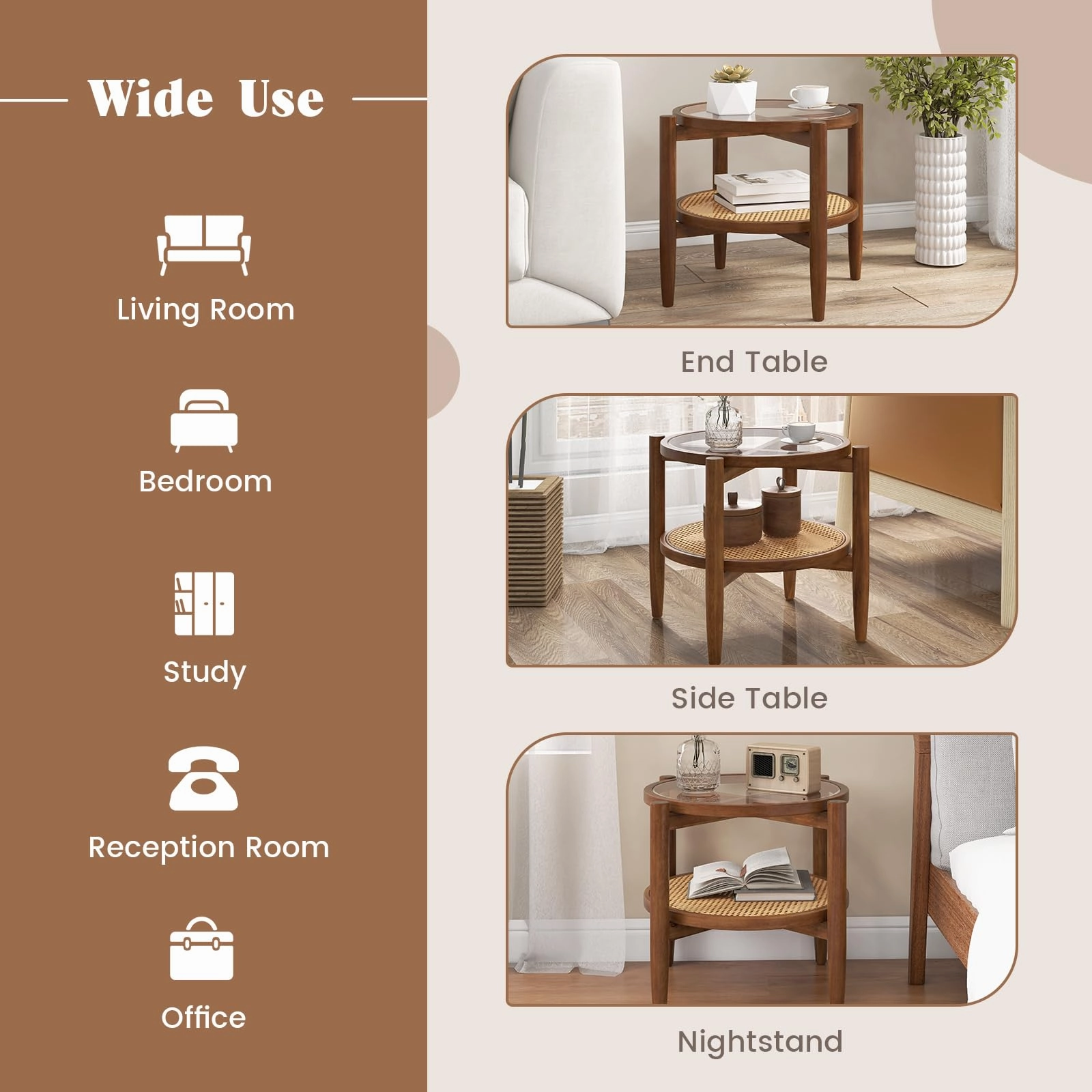 Giantex Rattan Round End Table Walnut Boho Nightstand with Tempered Glass Top and Acacia Wood Legs