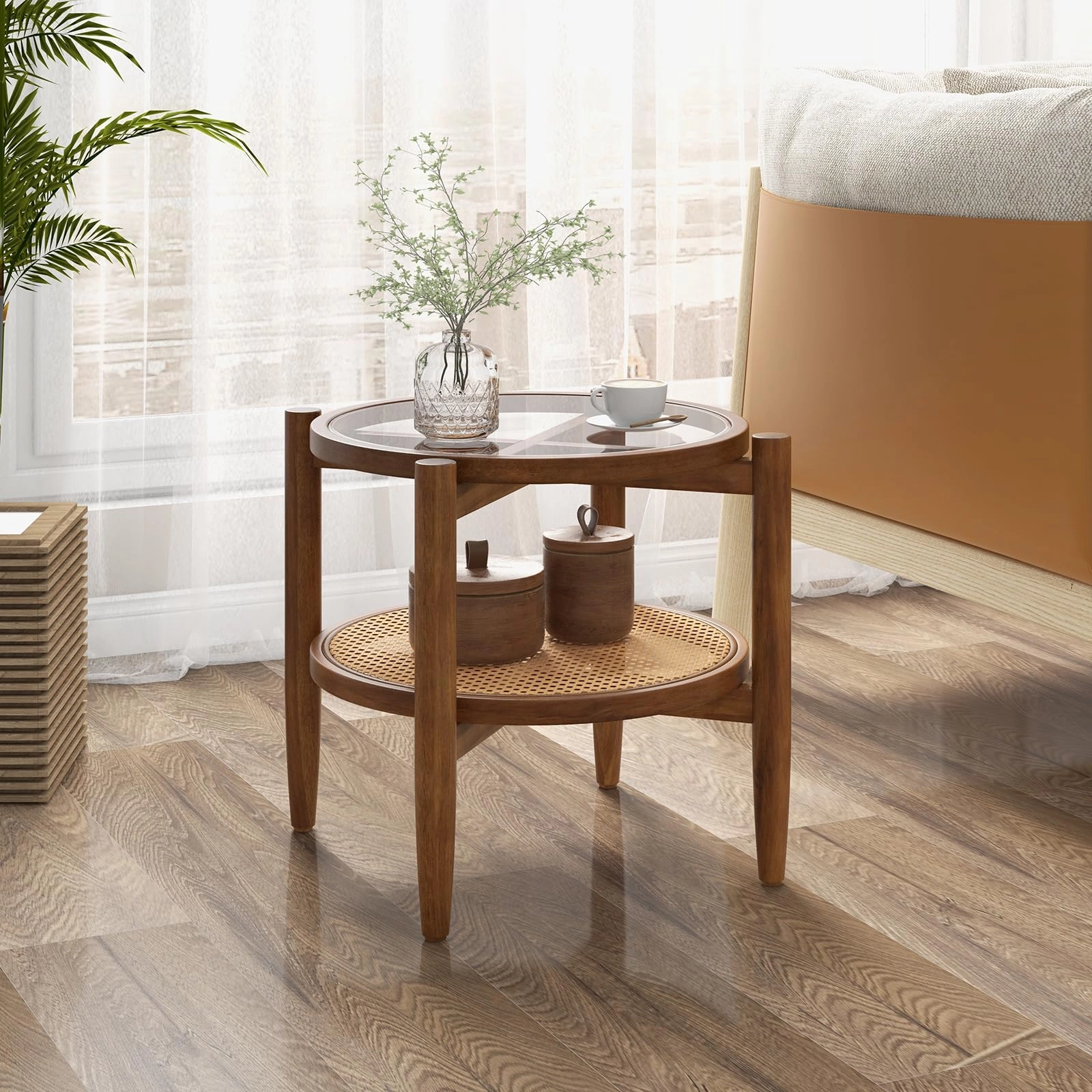Giantex Rattan Round End Table Walnut Boho Nightstand with Tempered Glass Top and Acacia Wood Legs